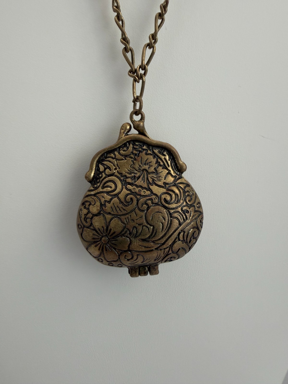 Vintage-Style Ornate Embossed Chatelaine Coin Purse Locket Necklace Floral Brass