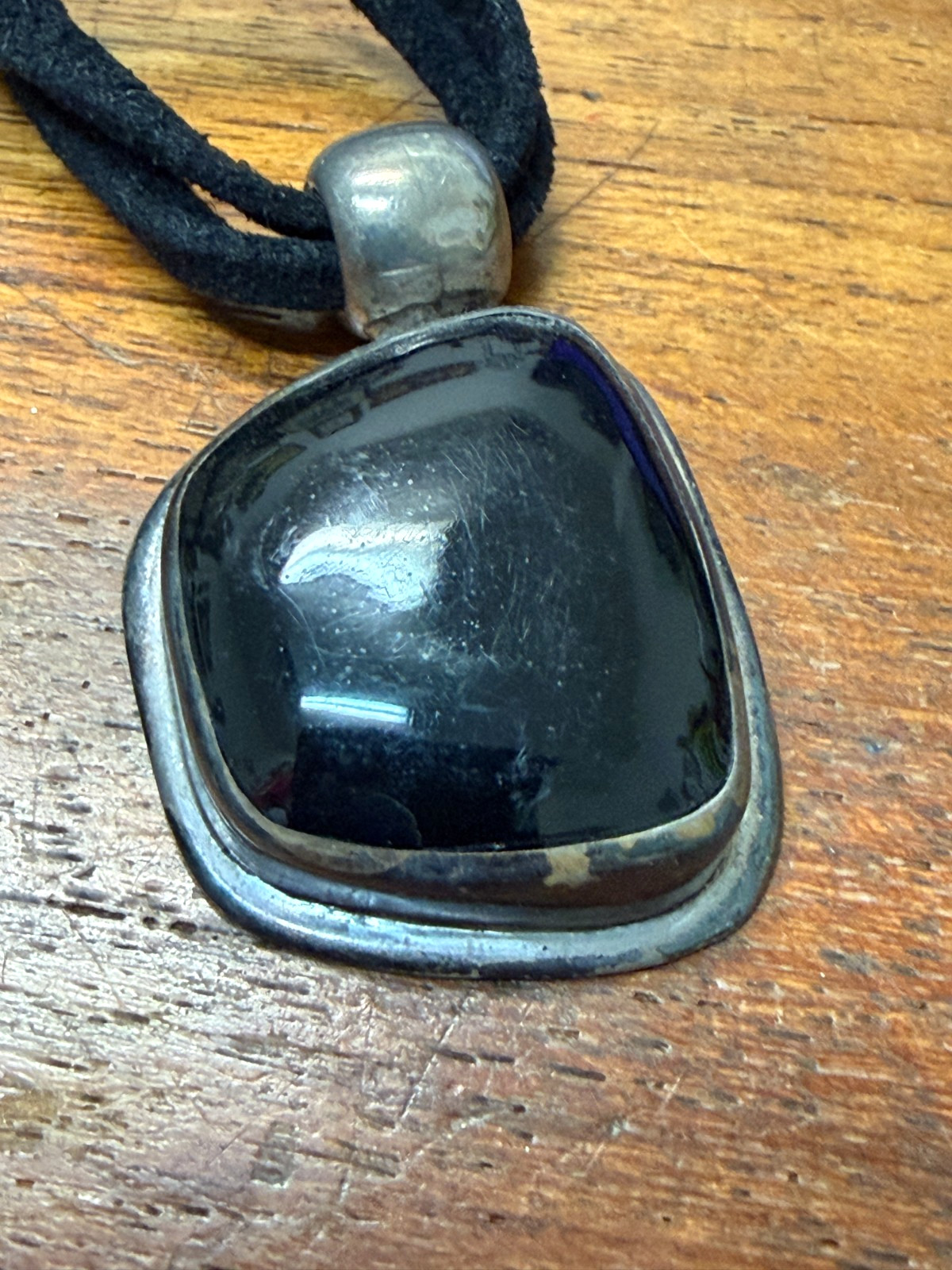 Vtg ATI Mexico .925 Sterling Mahogany Black Obsidian Pendant Suede Necklace
