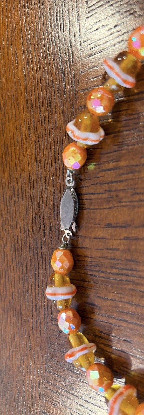 Vintage Unusual Hand Knotted Glass Bead Necklace Orange Saturn Shape Beads