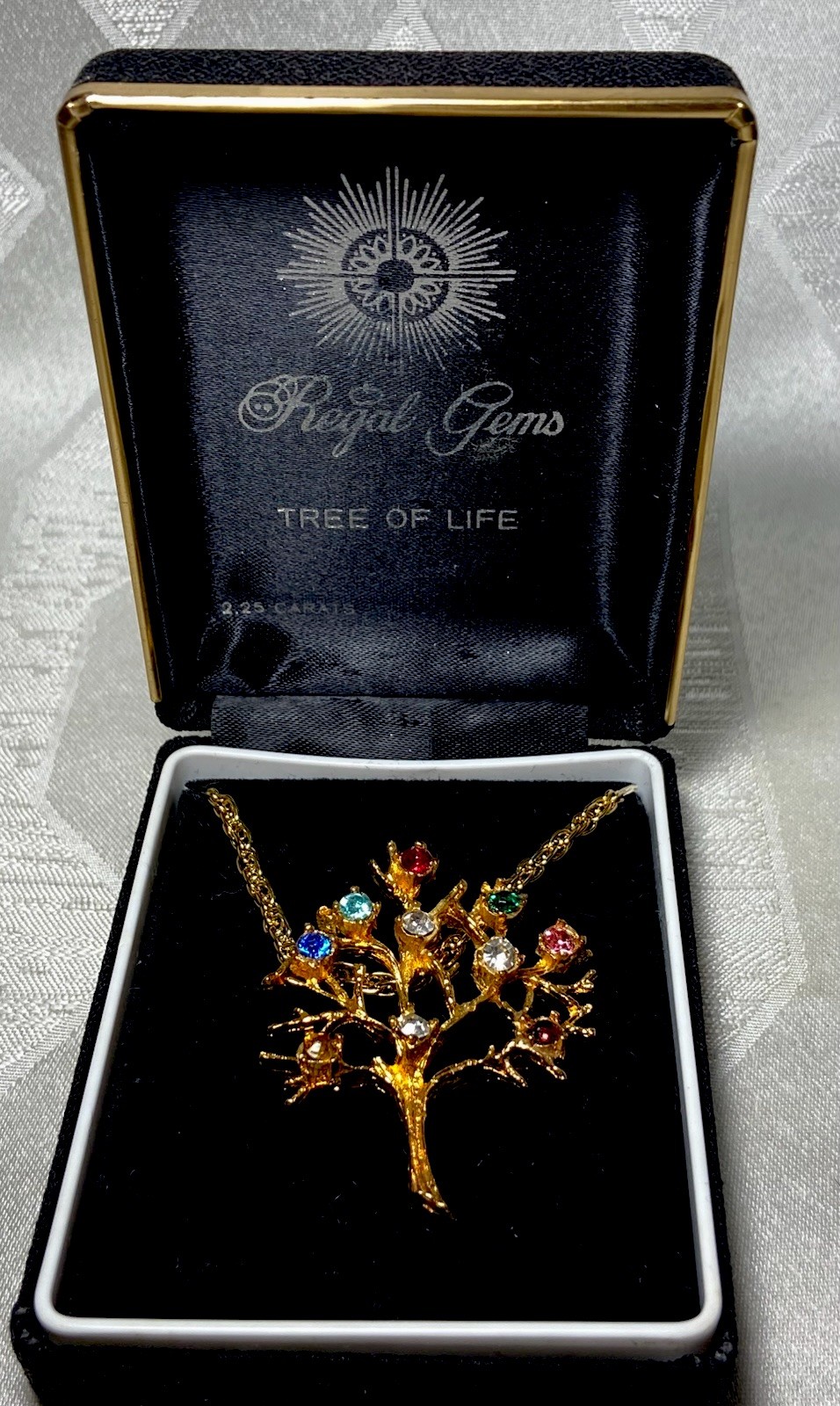 Vintage Regal Gems “Tree Of Life” Gold Tone Multicolor Rhinestone Necklace W/Box