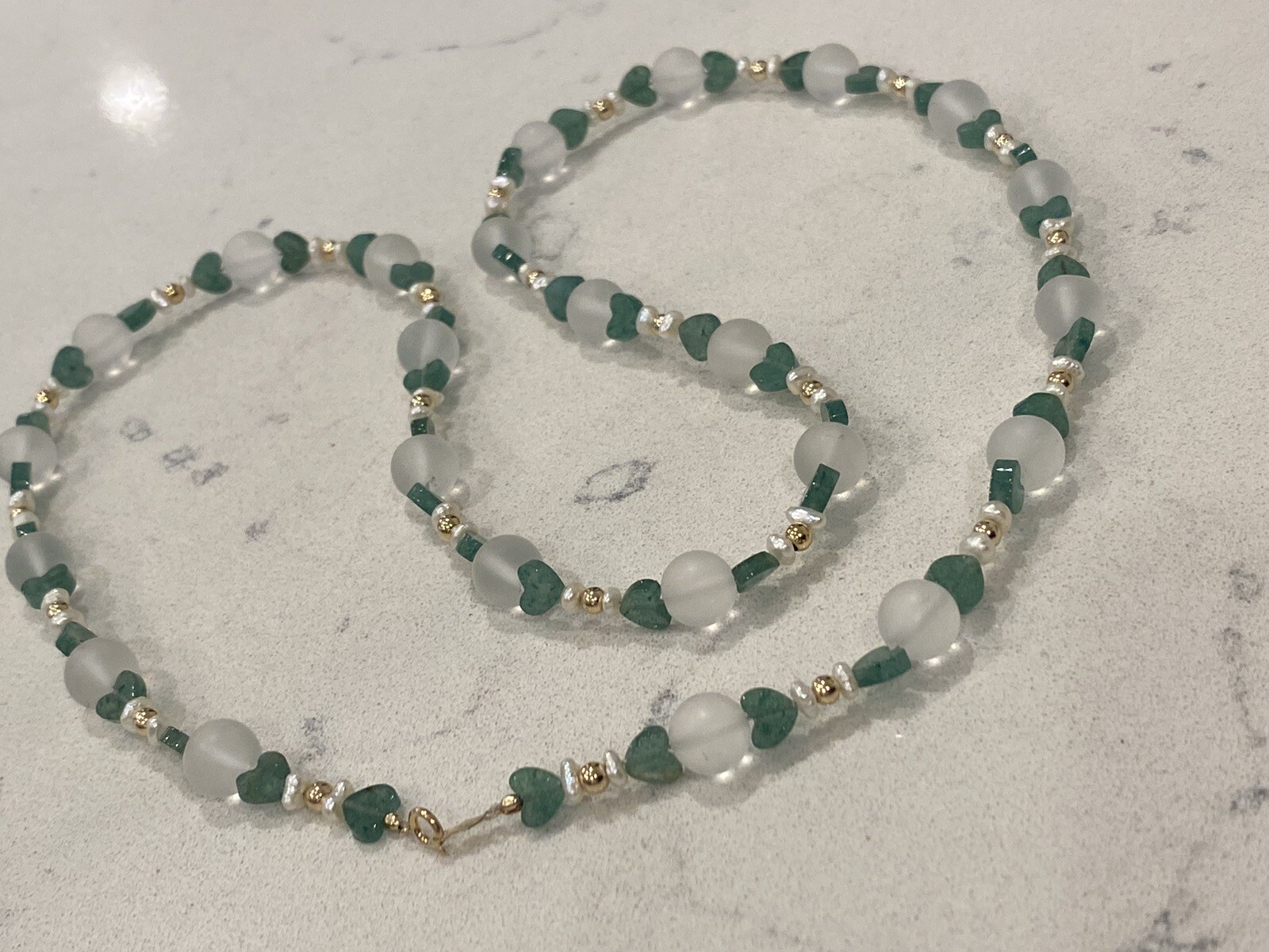 14K Gold, Emerald Hearts, Clear Round Quartz, Pearls & Gold Beads Clasp Necklace