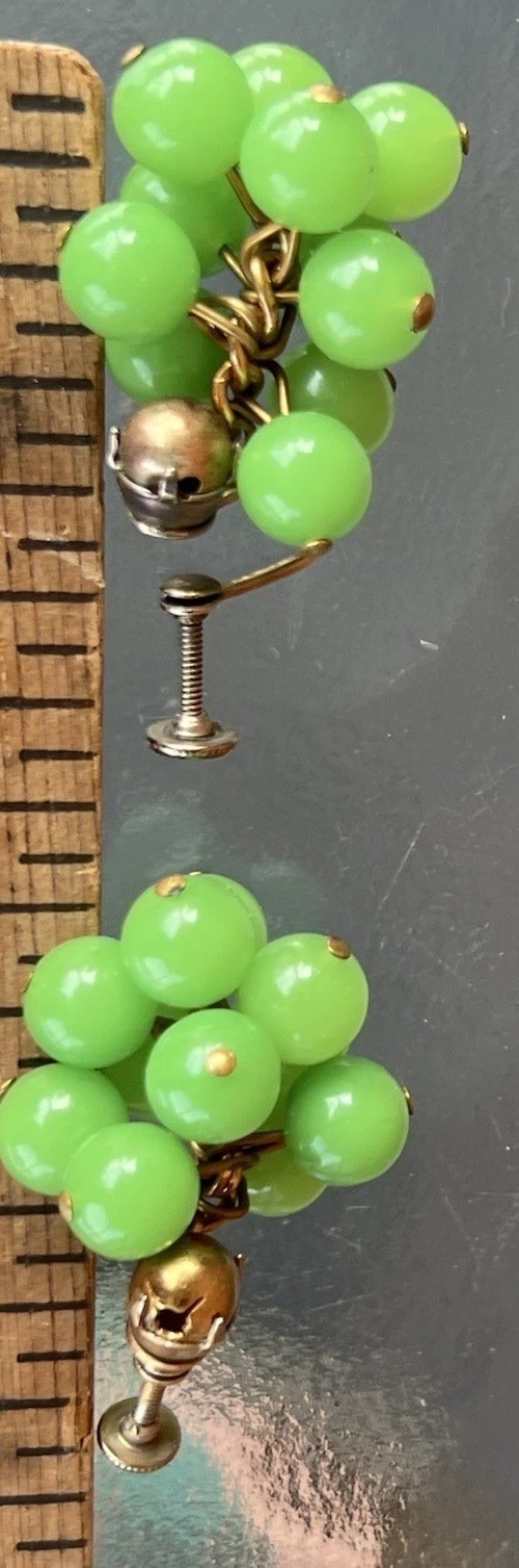 MCM Lime Green & Gold Bead Necklace with Matching Clip On Earrings Vintage Set