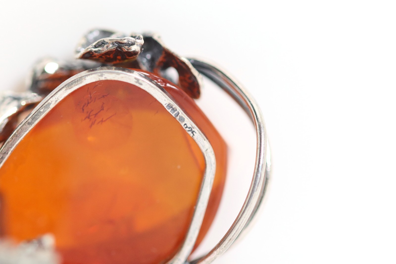 Vintage 925 Sterling Silver Amber Flower Floral Pendant Necklace L: 45cm