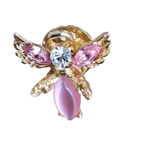 Guardian Angel Lapel Pin Hat Pink Rhinestone Cats Eye Cabochon Gold Tone w/ Halo