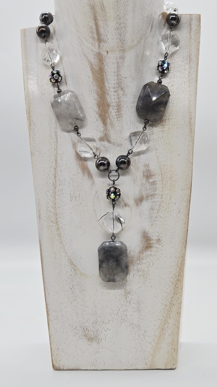Macy’s Y Drop Necklace Marbled Grey Acrylic AB Crystal Couture Gunmetal 16 in