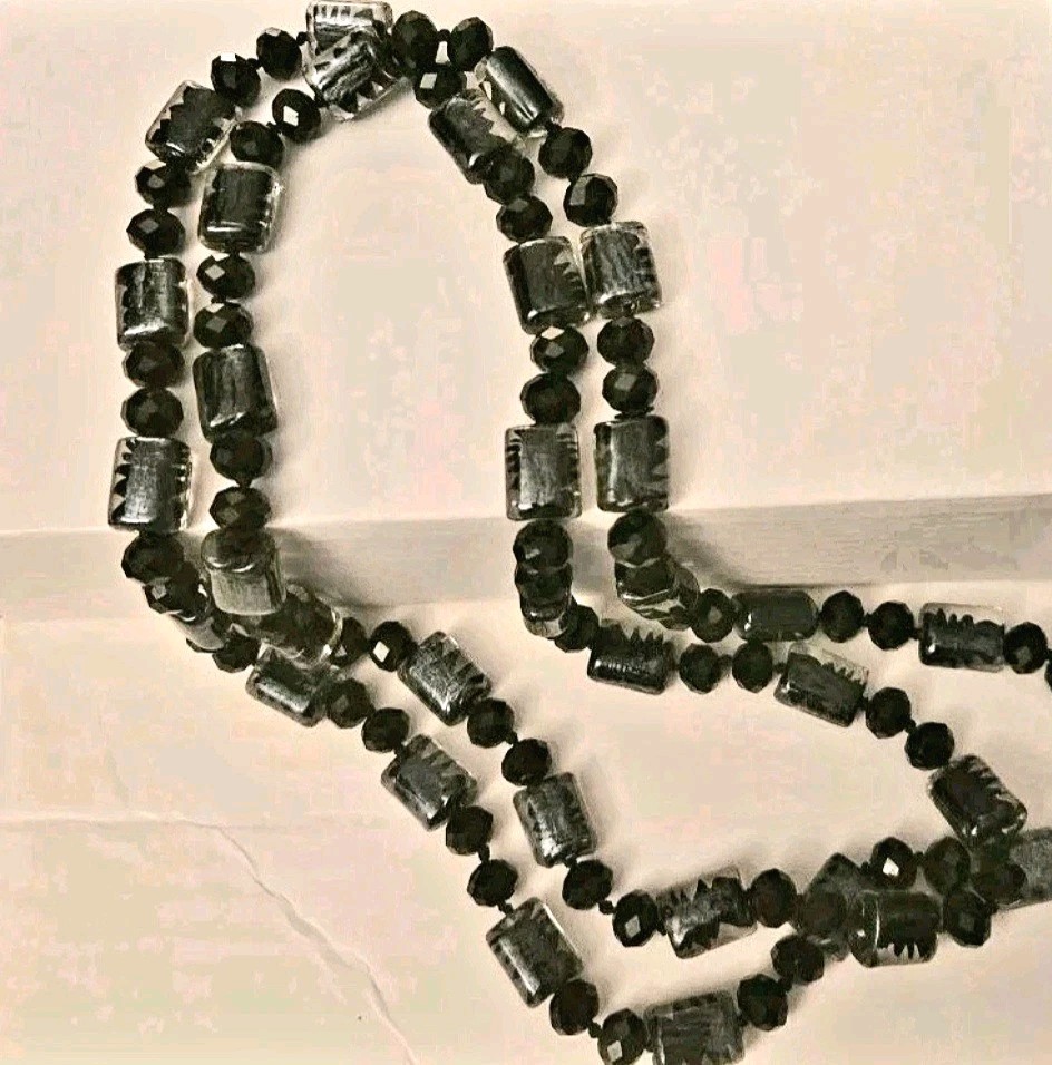Antique Paris Necklace Black and Clear Glass Beads 1920s Flapper Xtra Long