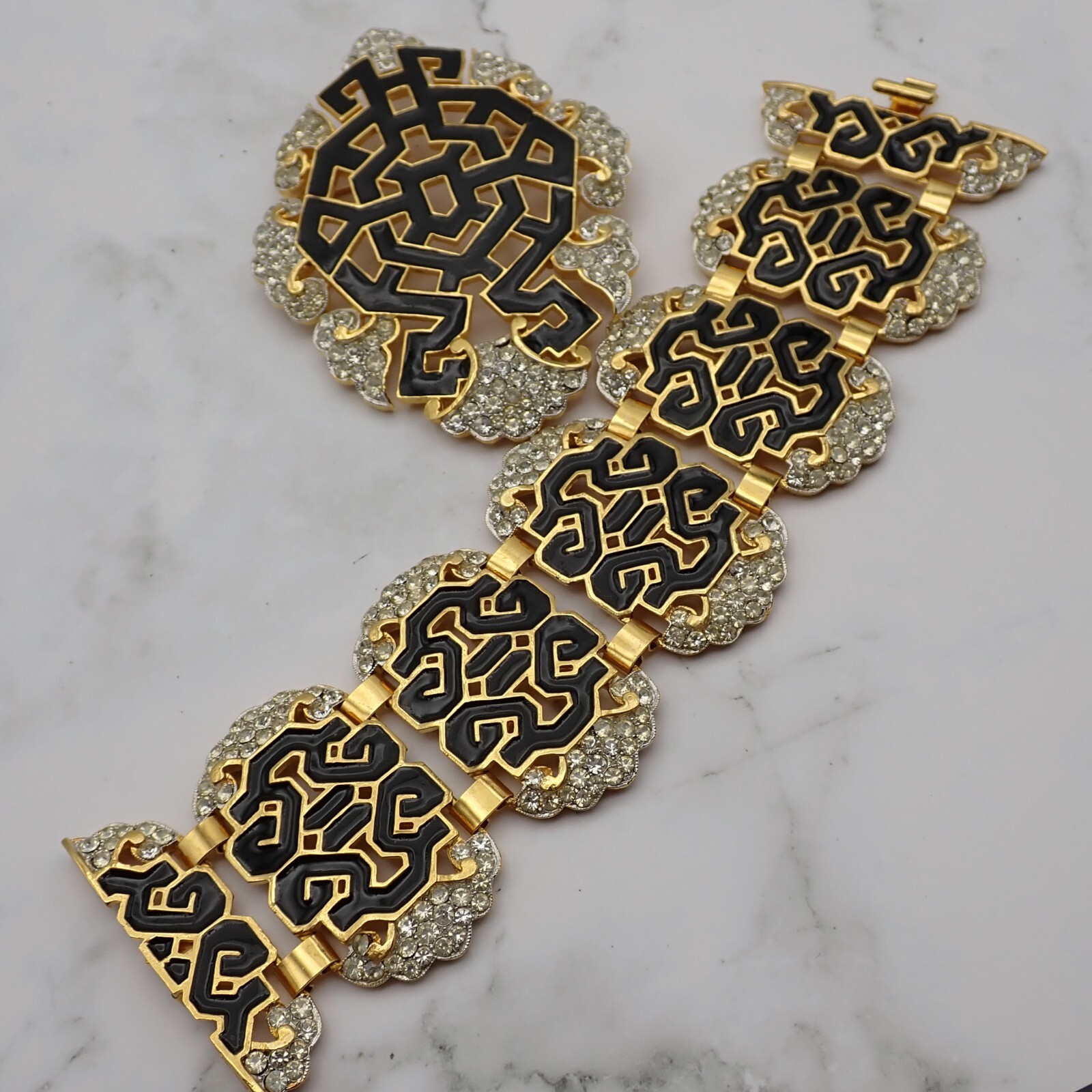 Black Enamel Asian Theme Rhinestone Exceptional Pin Brooch Bracelet Set by OR