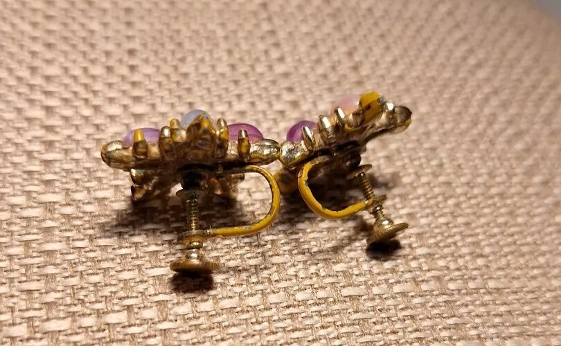 Colorful Opaque Pastel Marquise Stones Amid A Pink Stone Screw Back Earrings Vtg