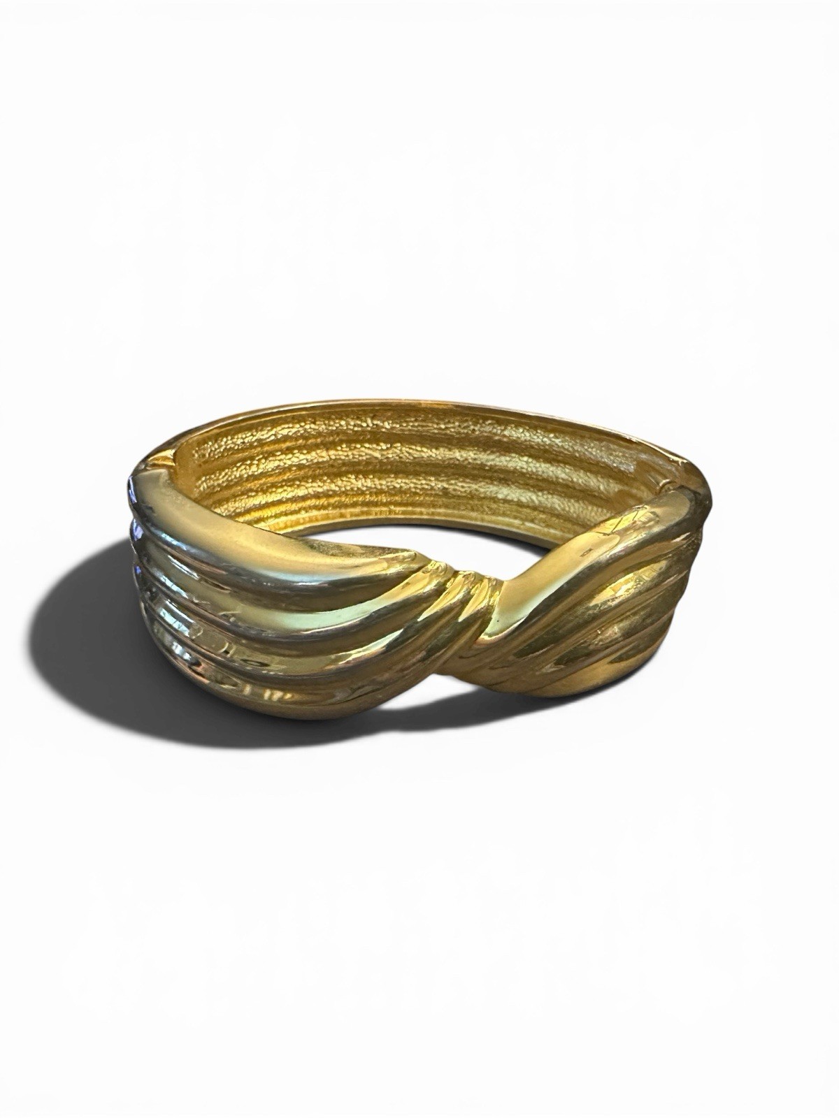 Vintage Gold Tone Bangle Bracelet Ribbed Twist Spring Hinge Open Close