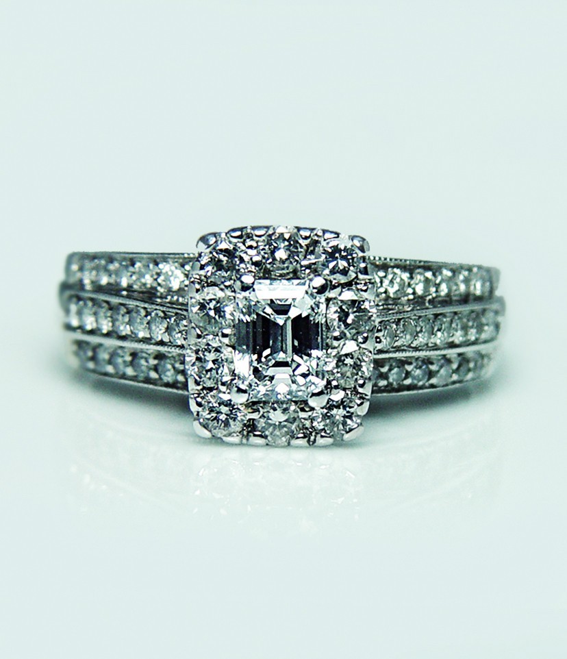 Vintage 14K White Gold Emerald Cut Diamond Halo Engagement Right Hand Ring
