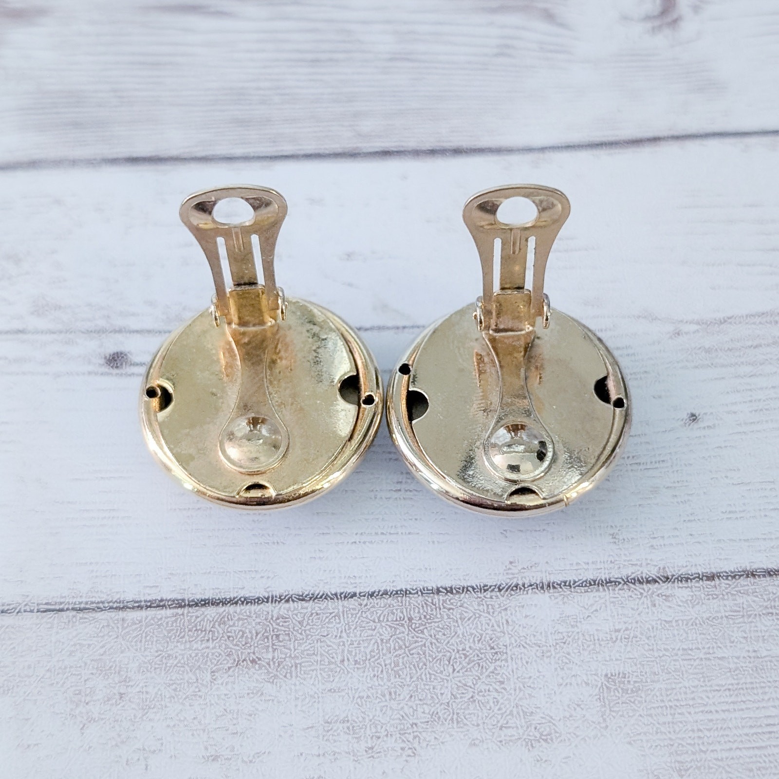 Vintage Clip On Earrings Large Shiny Brown with Gold Tone Halo 1 & 1/8″