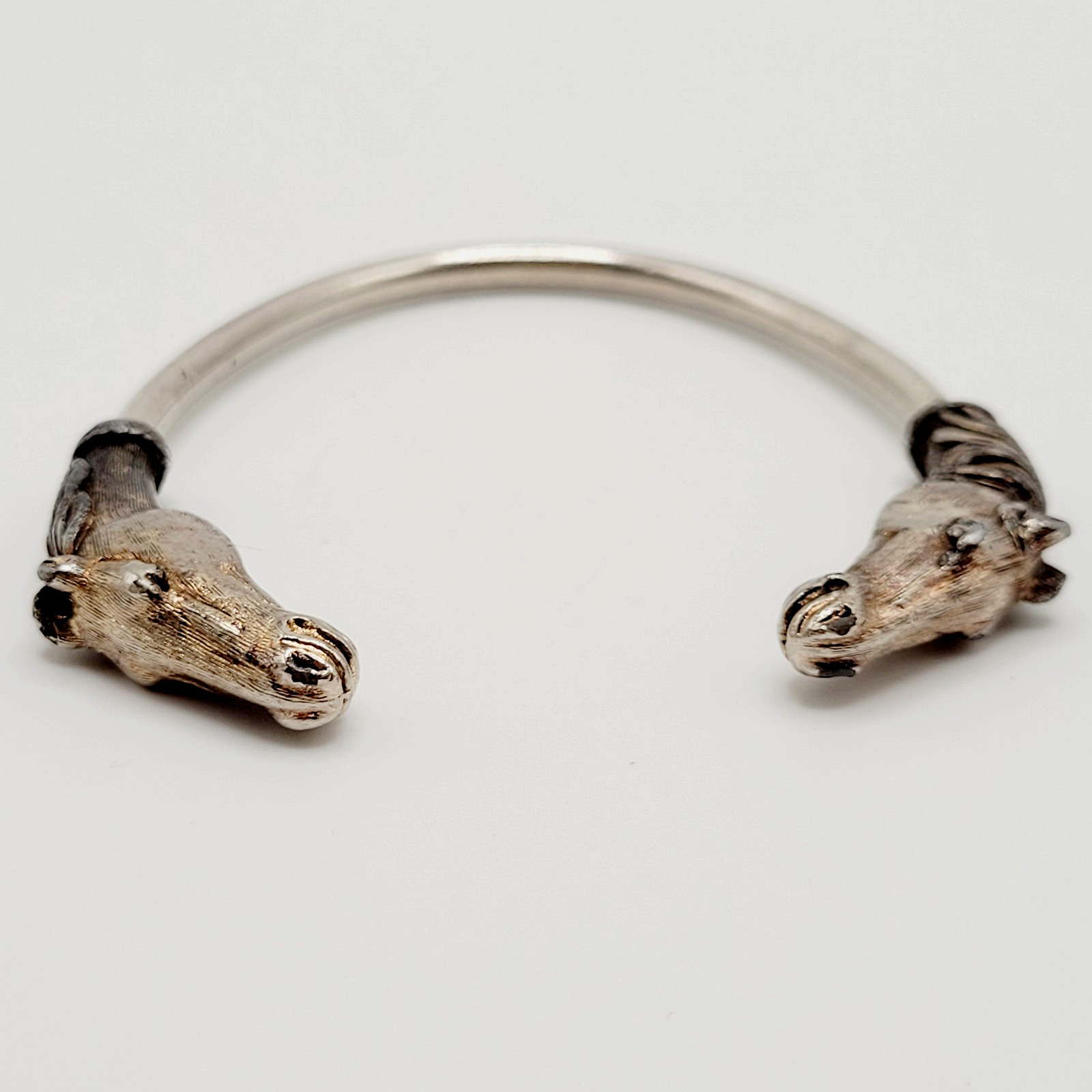 Double Horse Head Pewter Plated Copper w Patina Vintage 70s Torque Cuff Bracelet