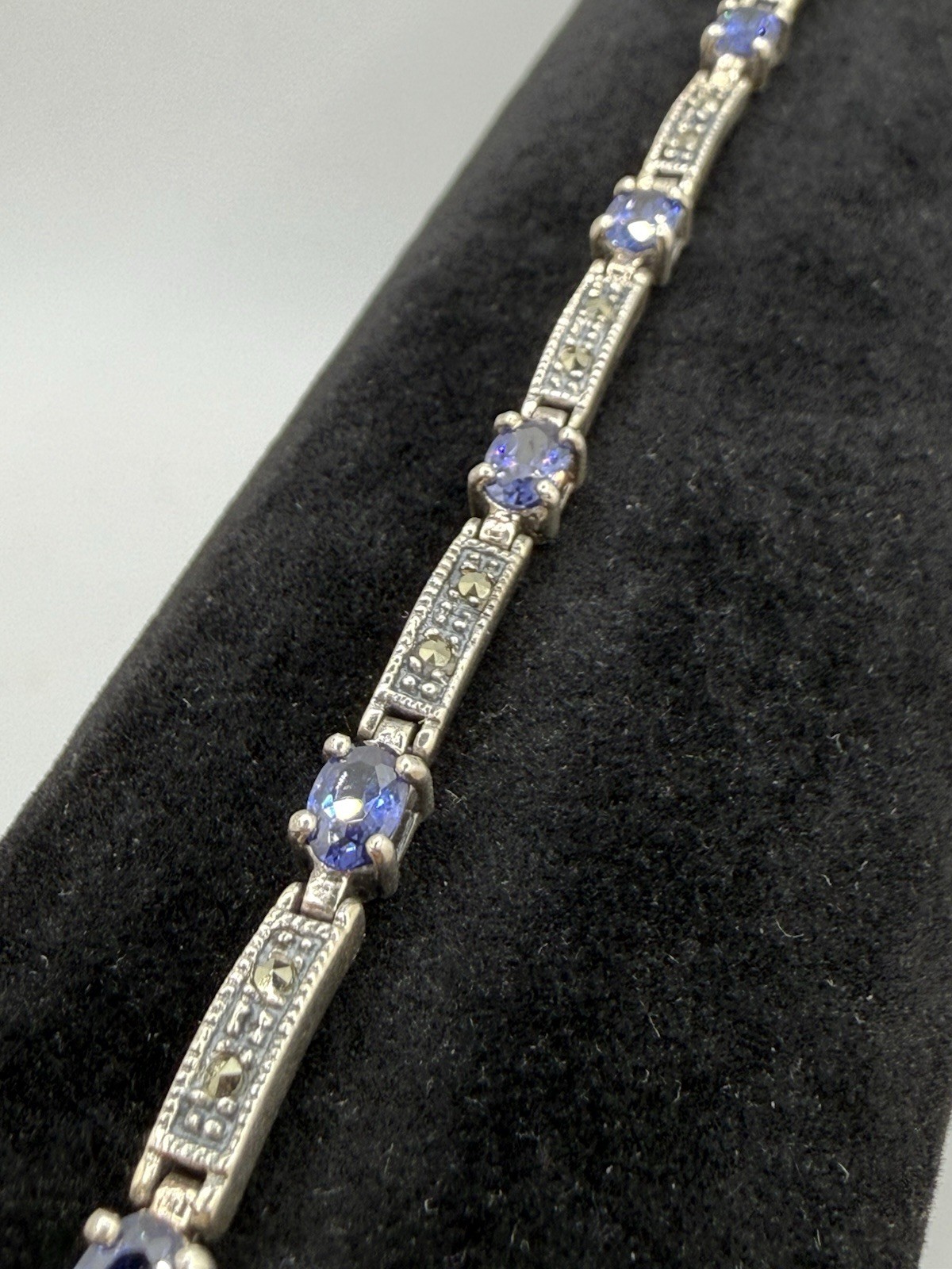 Vintage 925 CW Amethyst Marcasite Stone Panel Link Bracelet Sterling Silver 8”