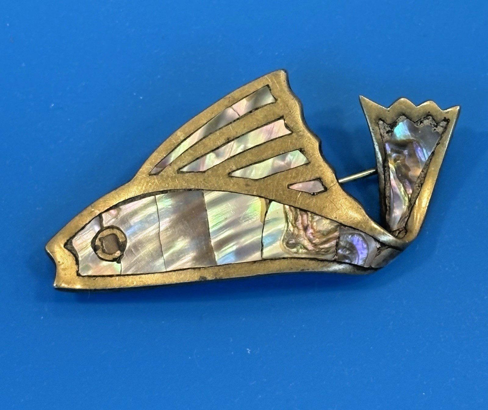 Los Castillo Taxco Mexico Brass Abalone Fish Brooch Pin Signed 2.25″ Vintage