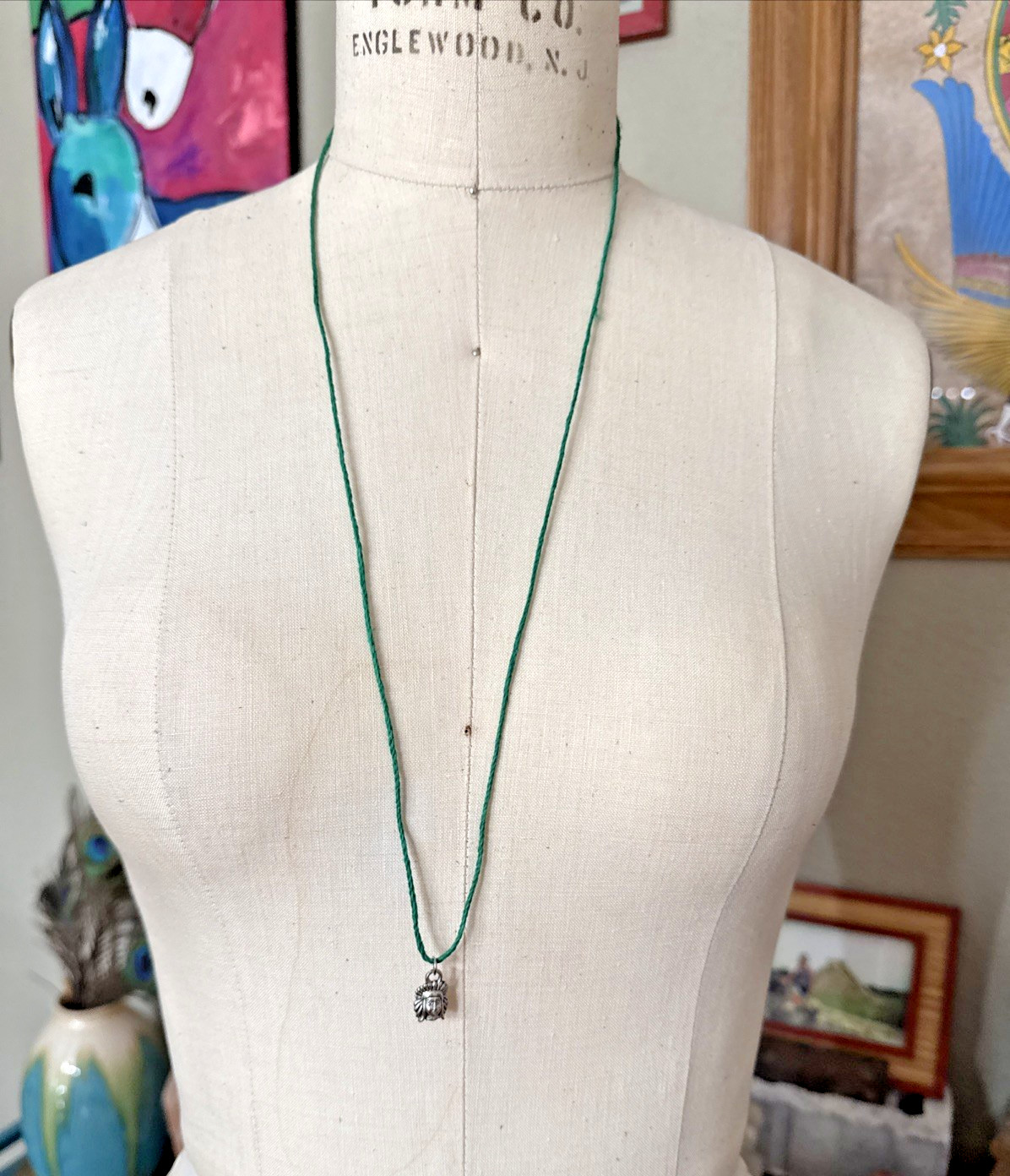 NATIVE AMERICAN INDIAN CHARM Dainty Green Hemp Cord Boho Tibetan Silver Tone