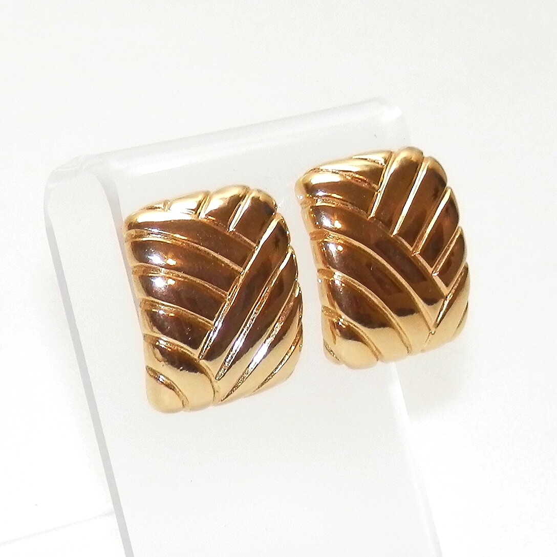 Vintage Vogue Bijoux Clip On Earrings Gold Tone Art Deco Style 80s Statement