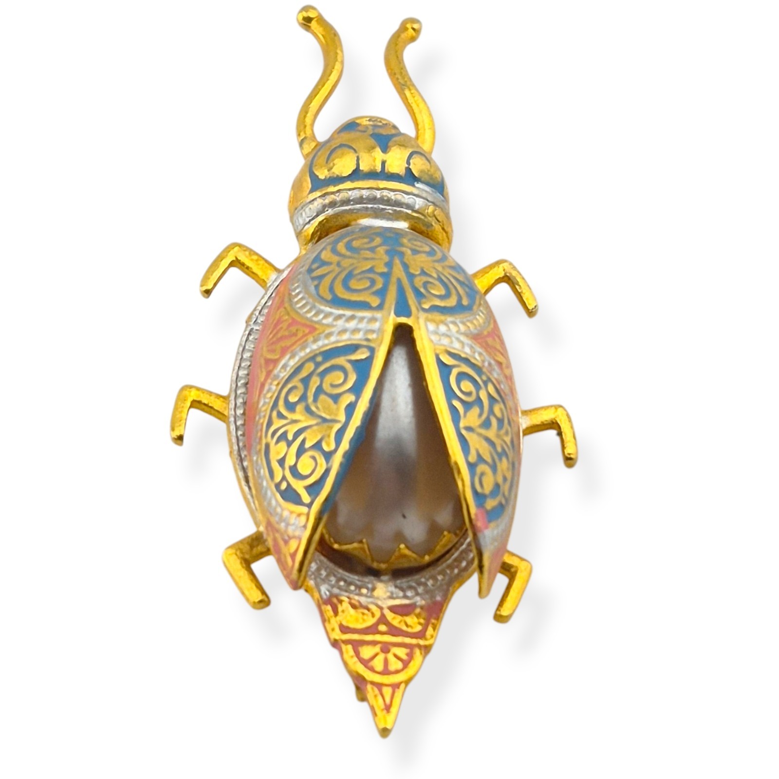Vintage Spanish Damascene Beetle Bug Brooch Pin Fixed Wings Faux Pearl Spain