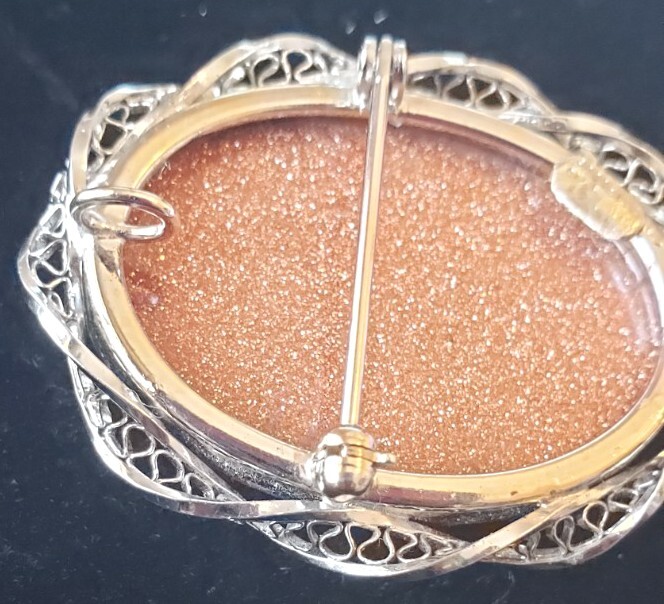 VTG Sorrento Goldstone Brooch & Pendent Silvertone Filagree Swril Ornate Pin