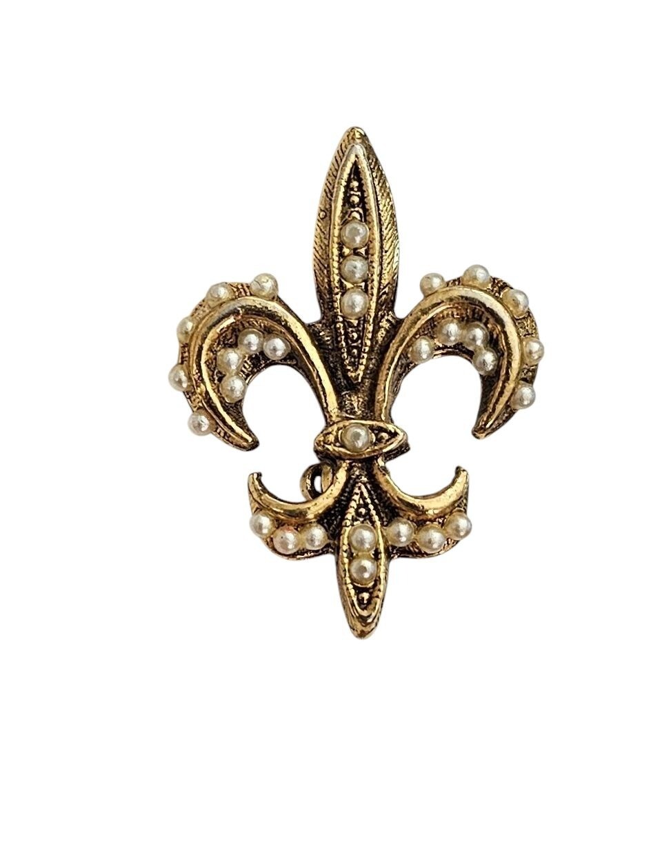 TACOA Gold Tone Vintage Faux Pearl Fleur De Lis Pin, Signed L817