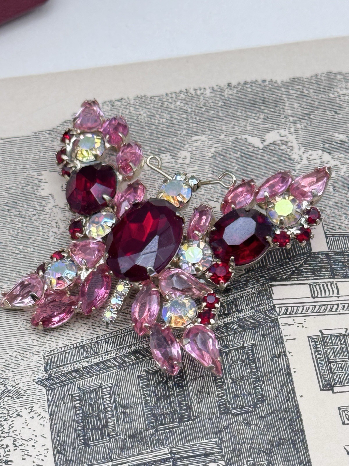 Vintage Butterfly Brooch Pink Red Rhinestone AB Crystal Goldtone Figural 2”