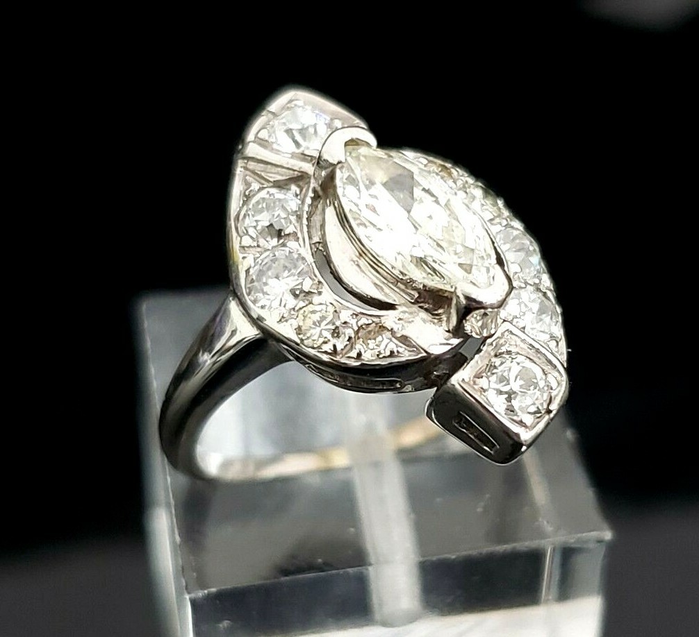 Antique 14 Karat White Gold 1.00 CTW Marquise Diamond Engagement Ring. #VR67