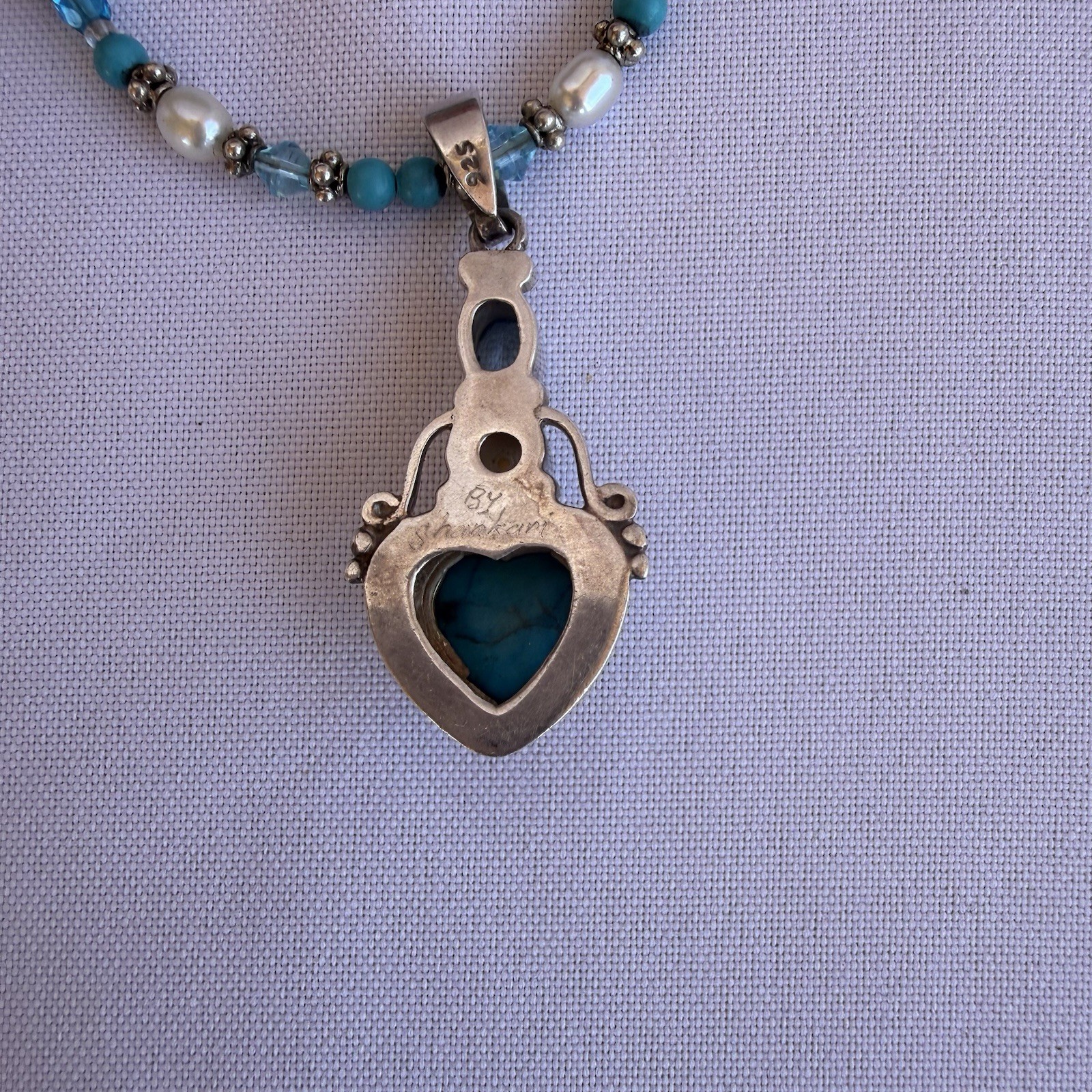 Vintage Signed By Shankari Silver 925 Necklace With Pearl And Aquamarine Stone