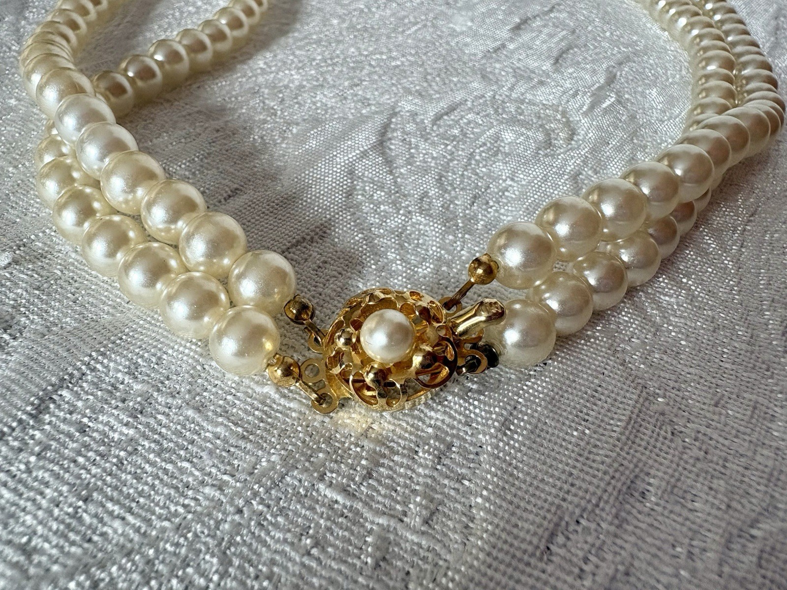 Vintage Double Strand White And Gray Pearl Necklace With Rhinestones- G Silver