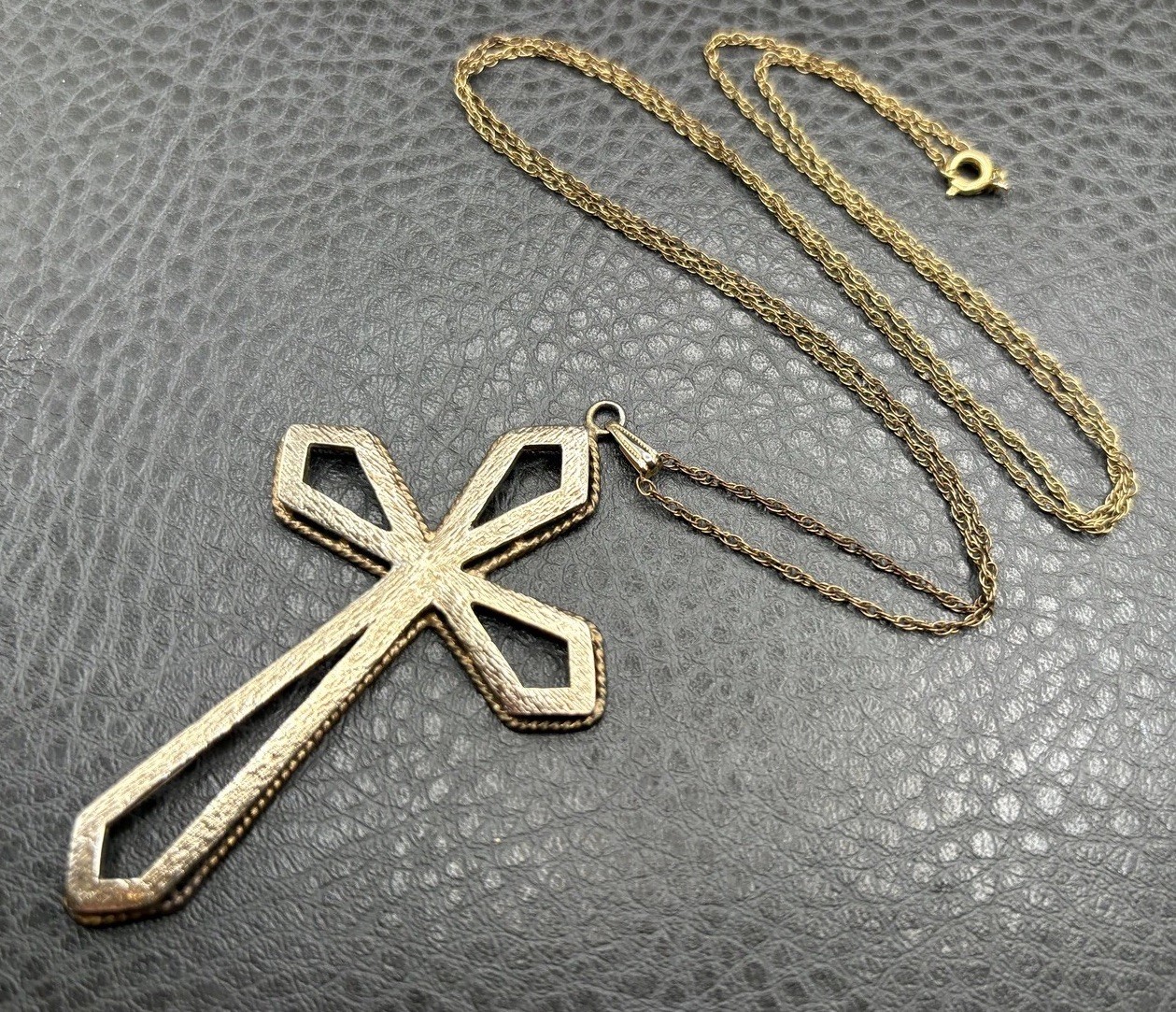 HUGE Vermeil Sterling Silver Cross Pendant And Gold Filled Chain Necklace 28”