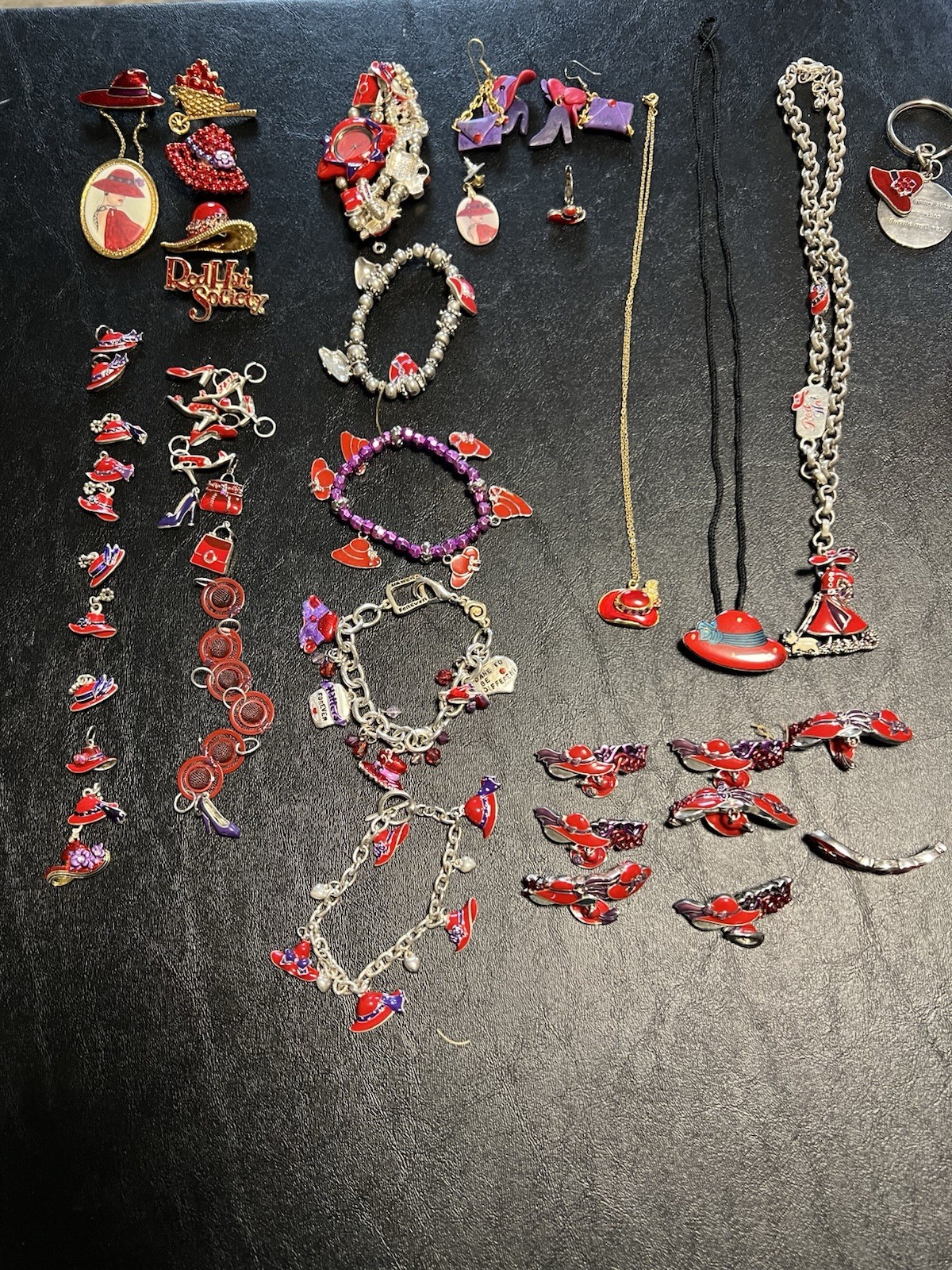 Red Hat Society Jewelry Lot Of 54 Brooches Bracelets Watch Necklaces Charms Box
