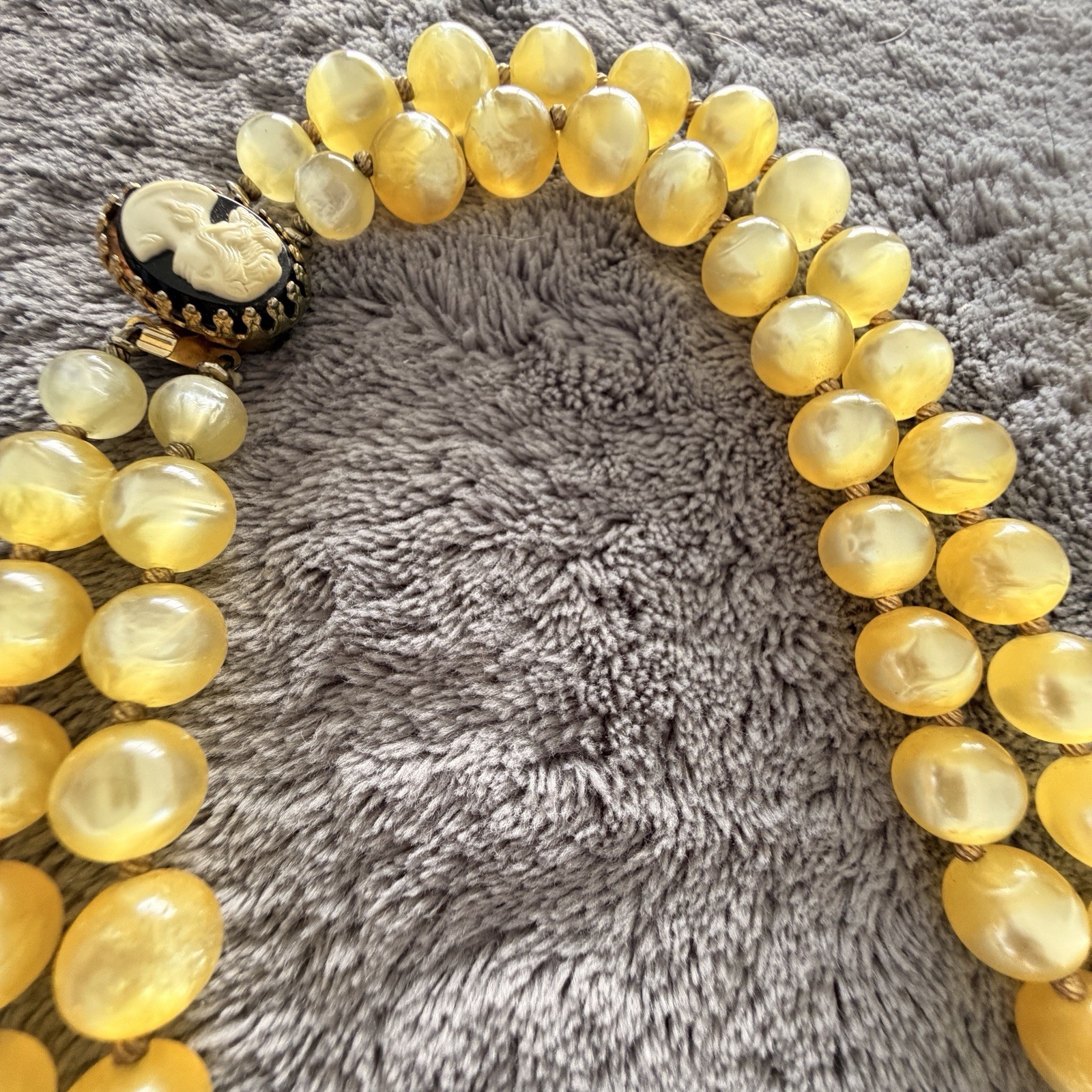 Cameo Necklace Butterscotch Vintage 1950s Yellow Lucite Double Strand