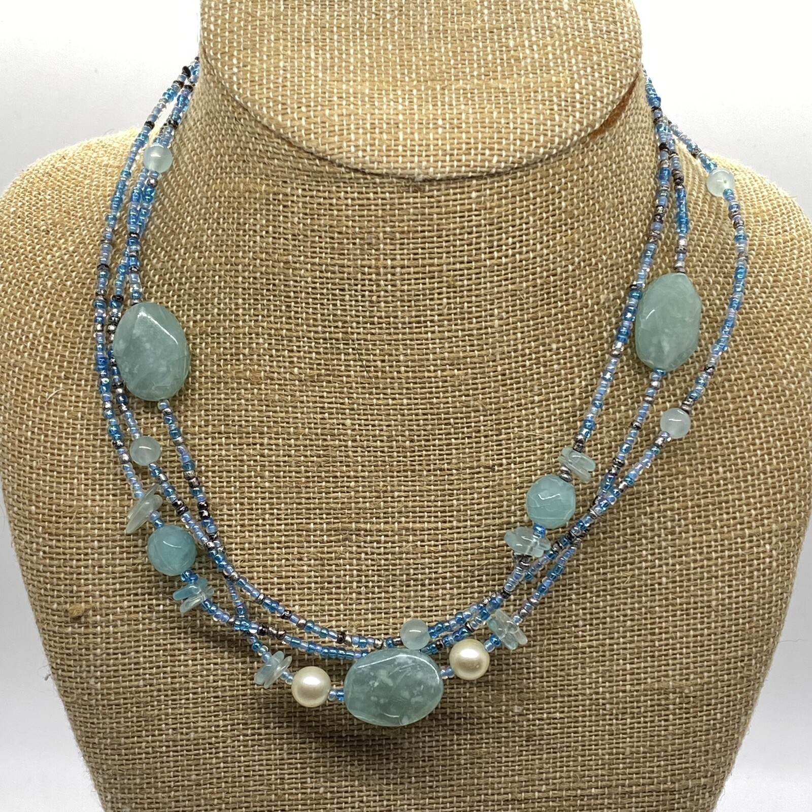 3 Strand Light Blue Glass Bead Necklace Teal Turquoise Beach Casual Handmade 15”