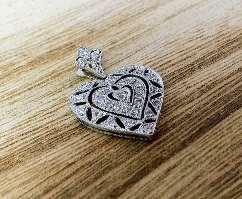 Art Deco Vintage Heart Pendant 2Ct Round Simulated Diamond 14K White Gold Plated