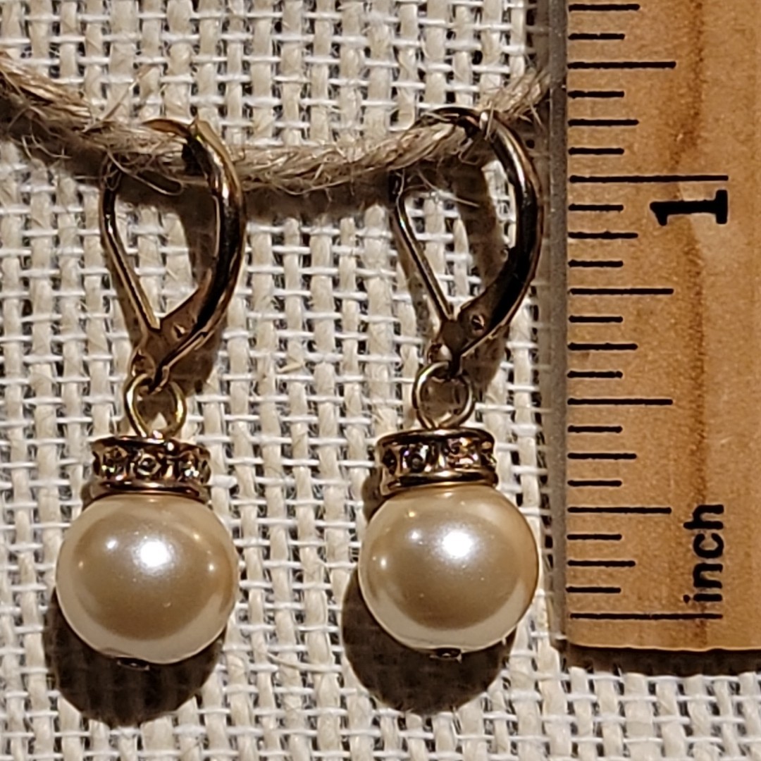 VTG Gold Tone Faux Pearl Rhinestone Rondelle Bead Earrings Dangle Classic Formal