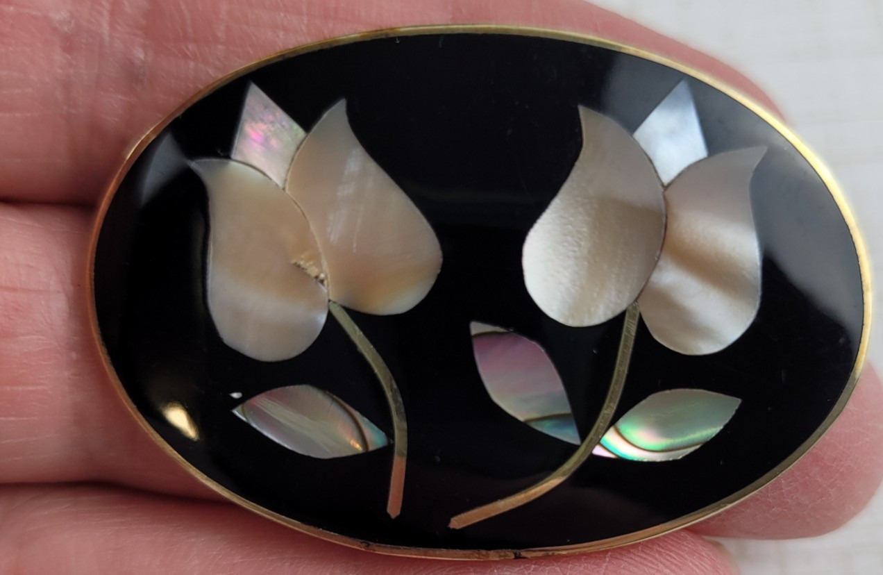 Vintage Alpaca Mexico Abalone Floral Brooch