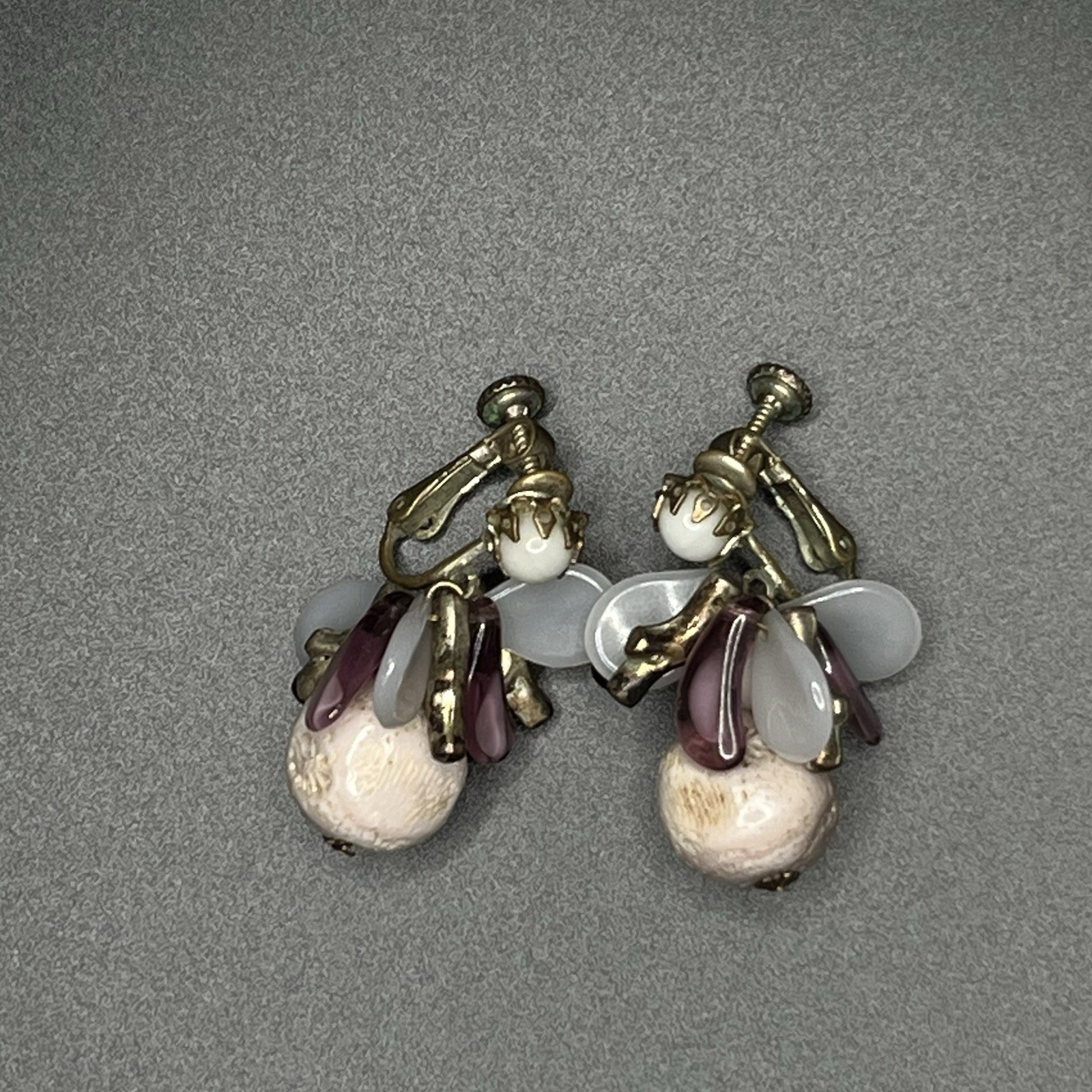 Vintage Miriam Haskell Earrings Gold Tone Dangle Drop Purple Pearl Brass Cluster