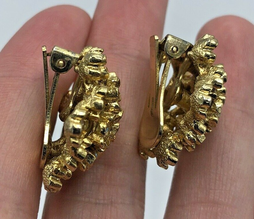 Vintage Orena Paris Aurora Borealis Crystal FLOWER Gold Tone Clip On Earrings