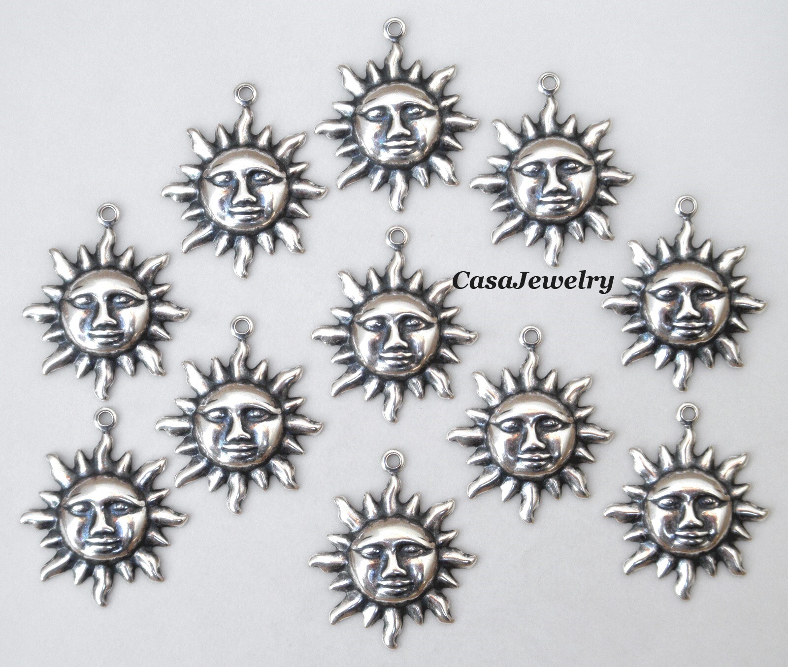 #0239S SMALL ANTIQUED STERLING SILVER PLATED SUN BURST W/TOP HANG RING – 12 Pcs