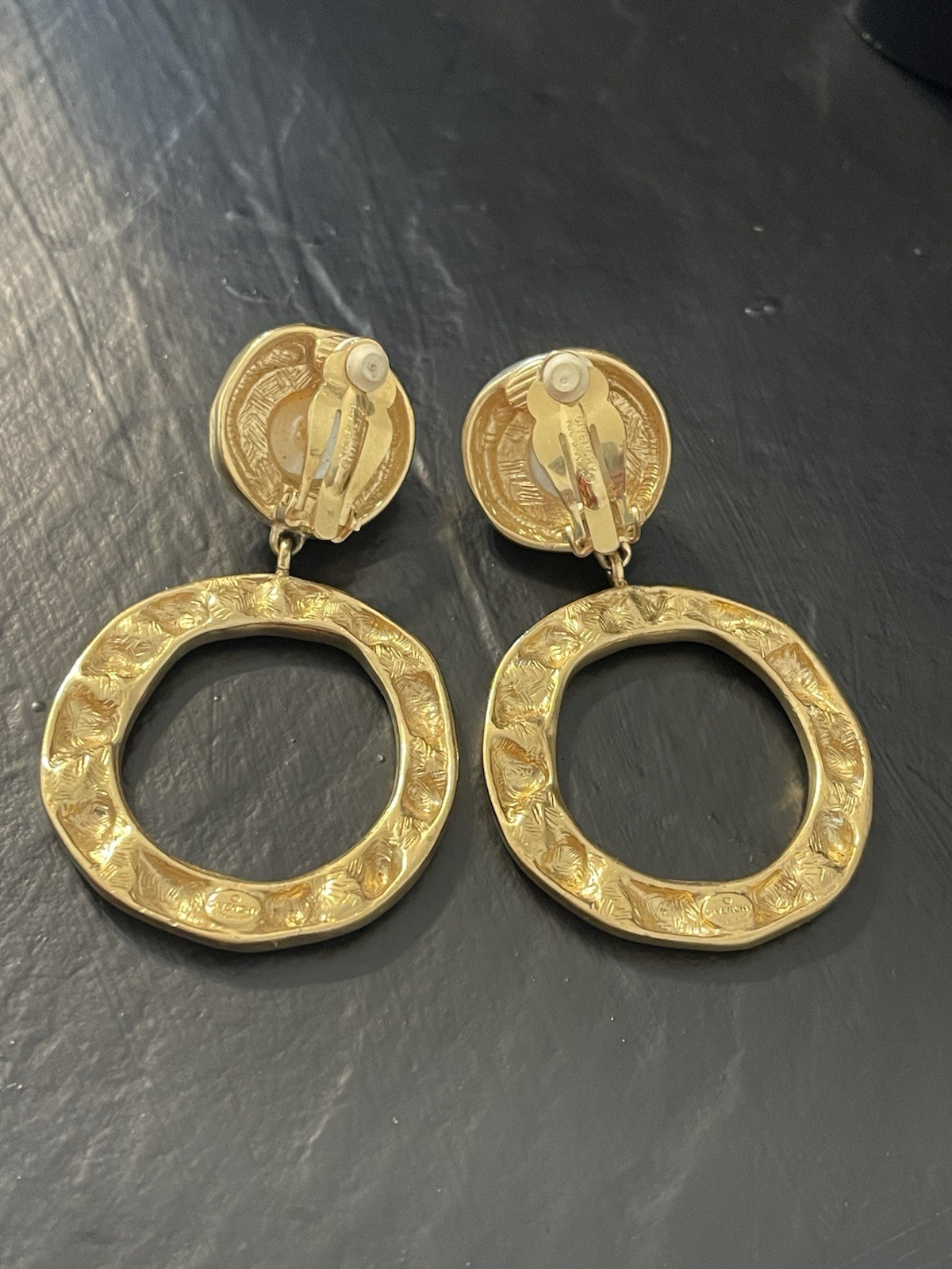 Givenchy Vintage Hoops Earrings Gold Pearl Drop Dangle Black ‘Onyx” Clip Ons