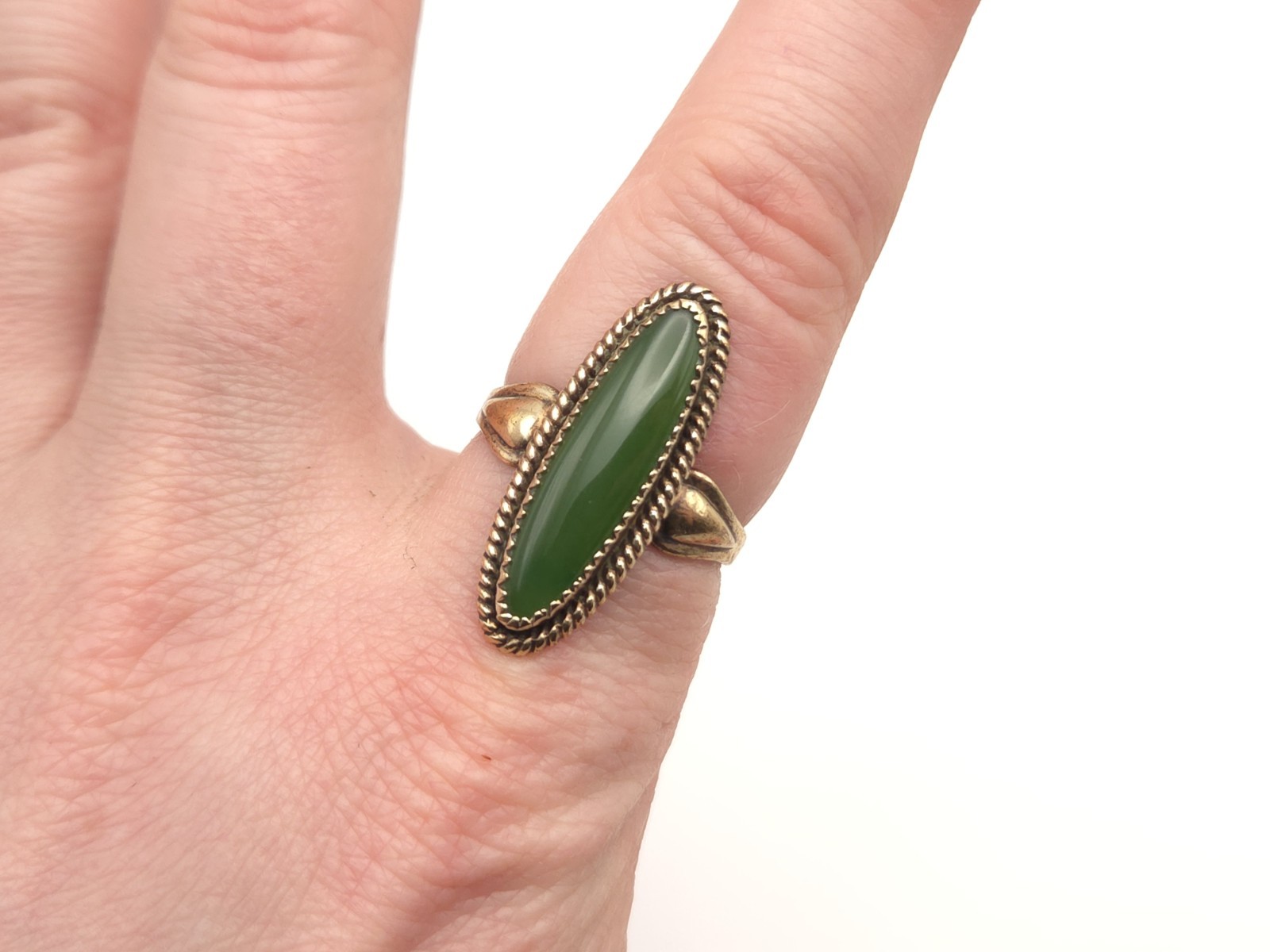 Vintage Sterling Gold Wash Signed JP Jane Popovich Navajo Elongated Jade Ring