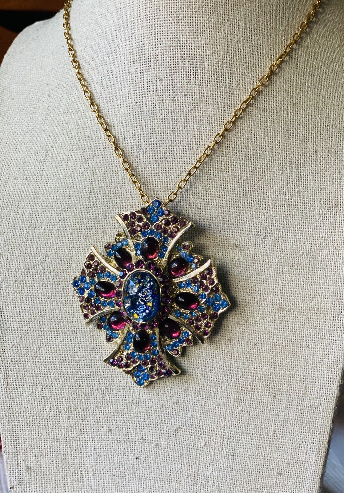 Maltese Cross Etruscan Style Brooch/Pendant!purple and blue! Glass Cabochonshuge