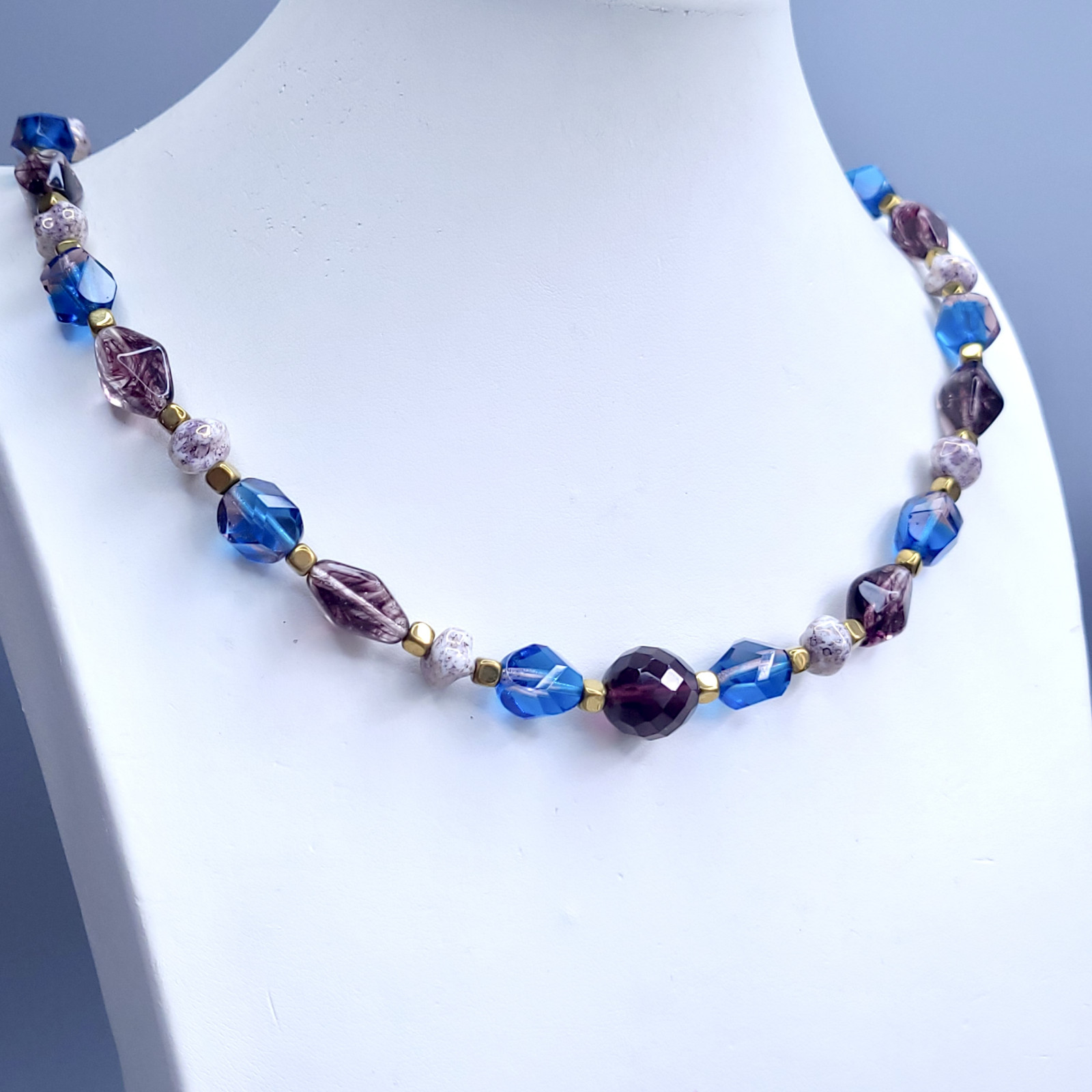Necklace 20” Blue and Purple Glass Czech Vintage Beads Women`s Jewelry