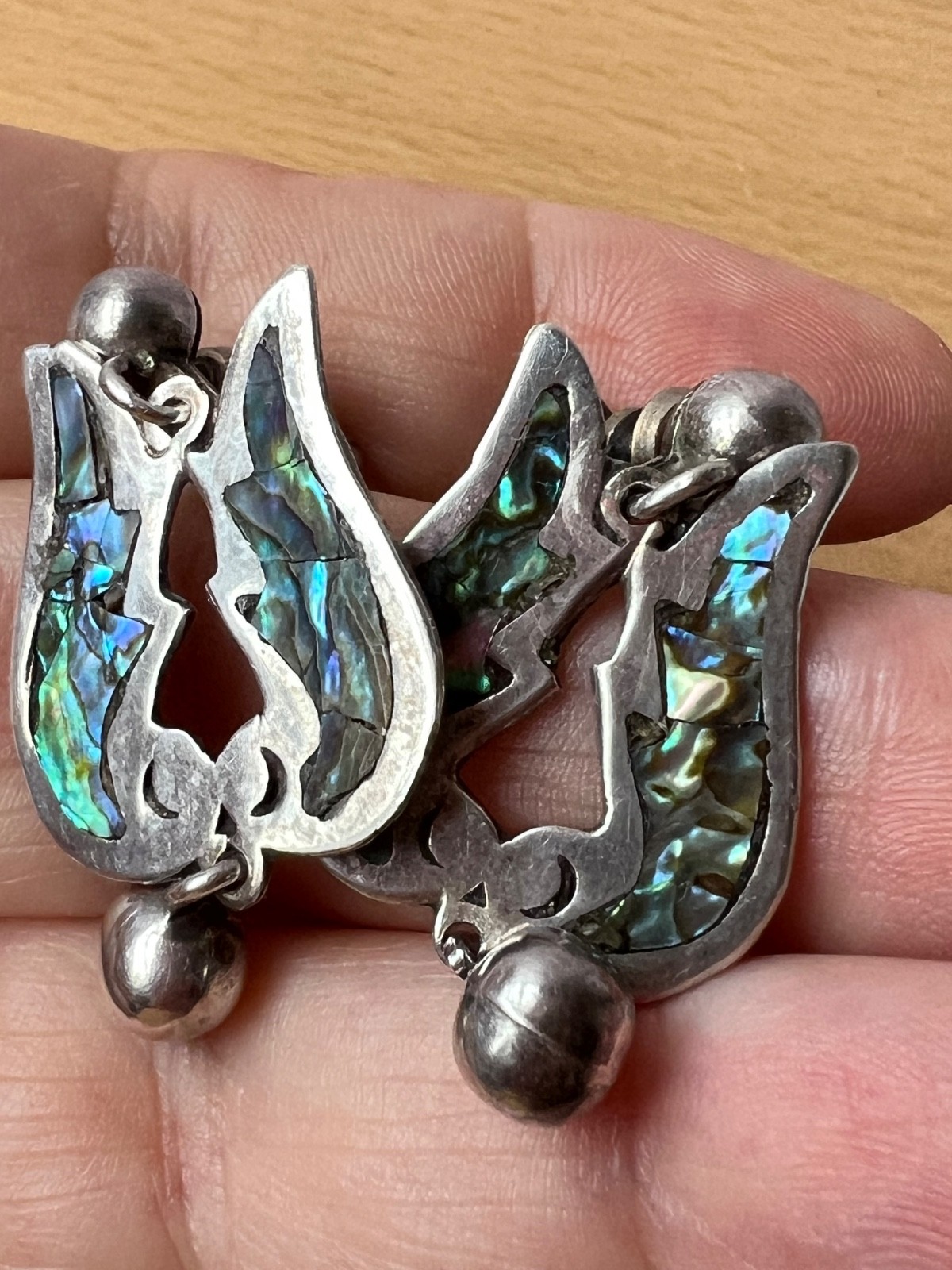 VINTAGE TAXCO MEXICO TULIP DESIGN ABALONE SCREW BACK EARRINGS 925 STERLING SLVER