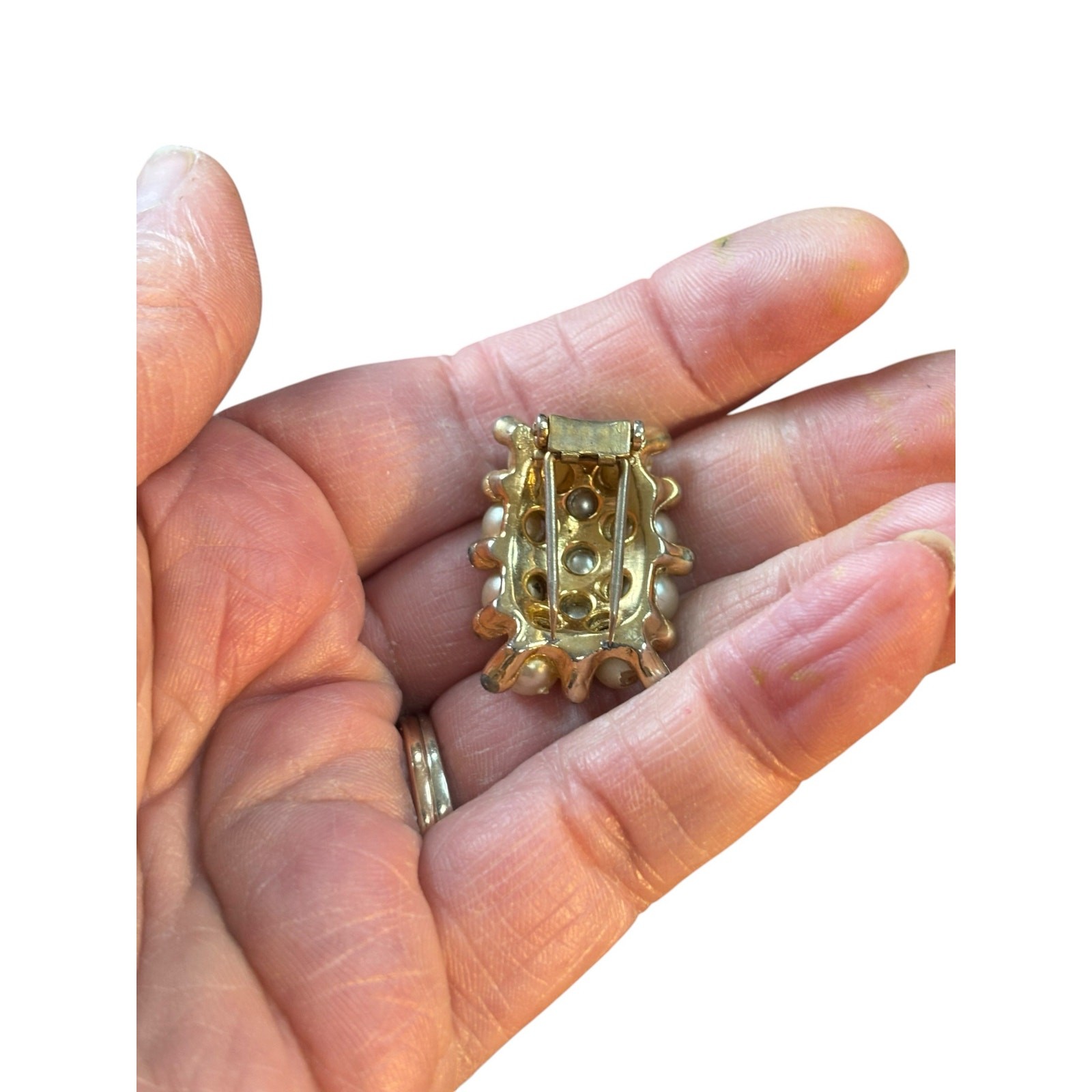 Vintage Faux Pearl Cluster Fur Clip Gold Tone Beaded Statement Mid Century Glam