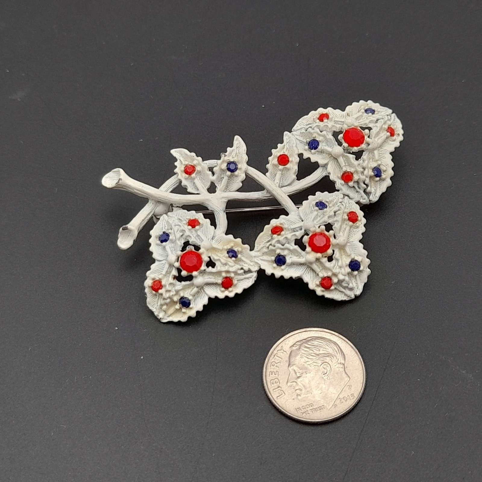 Vintage 1960s White Enamel Red Blue Rhinestones Floral Brooch – 2 3/8 Inches