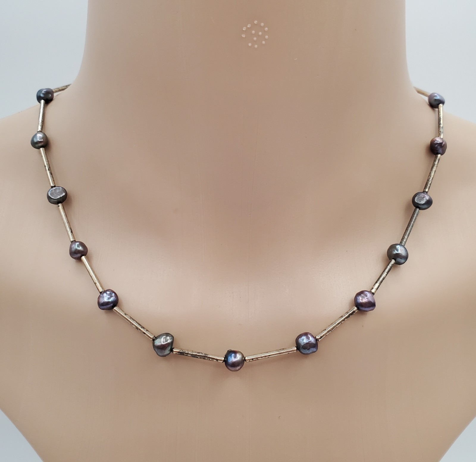 VTG 925 Peacock Pearl Necklace 16in Sterling Silver Bar Links 7g Gray Station