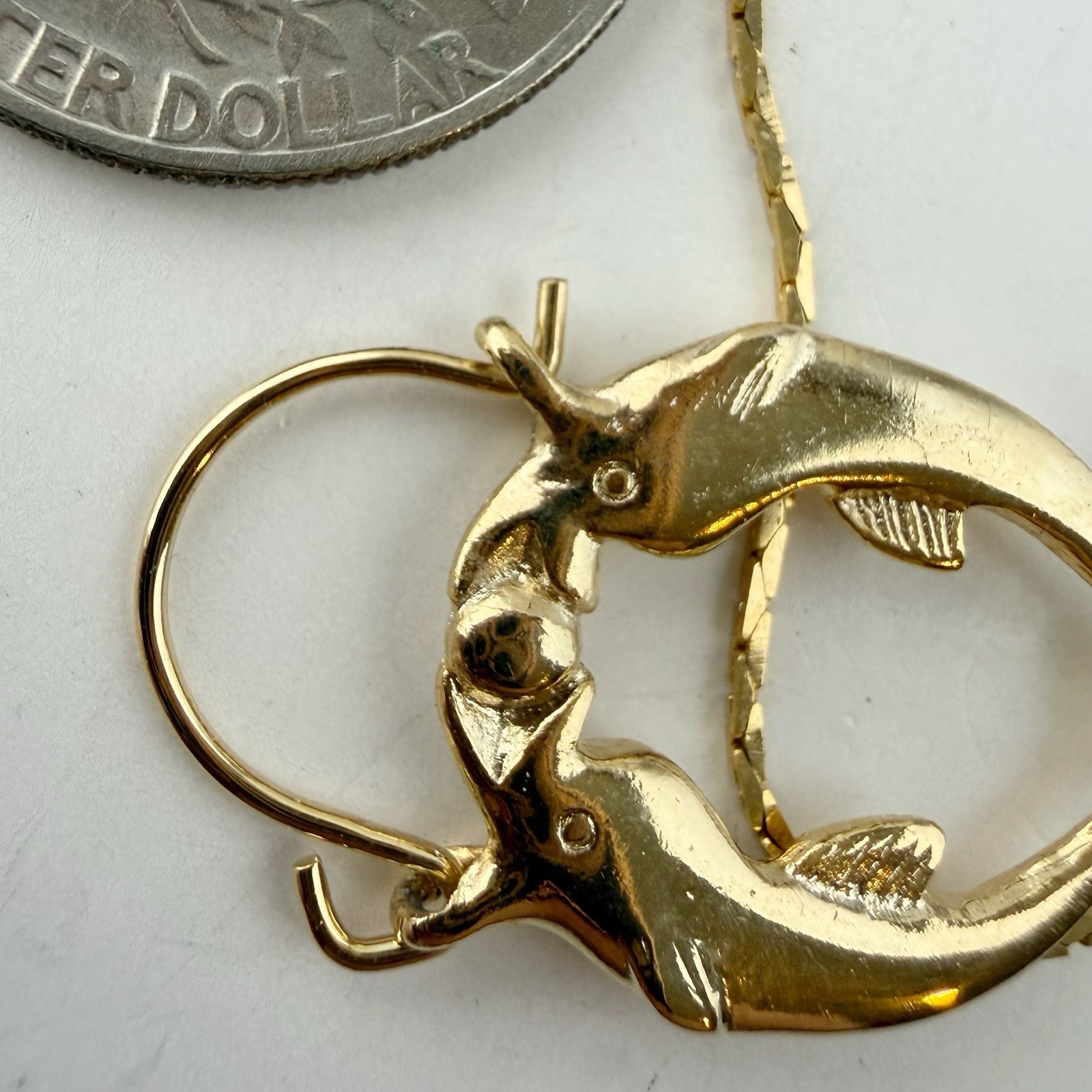 Vintage Double Dolphin Charm Holder Pendant Chain Necklace 18” Goldtone