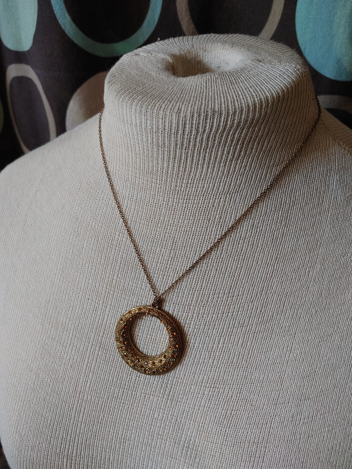 Vintage necklace gold tone metal circle yellow rhinestone signed Gwen