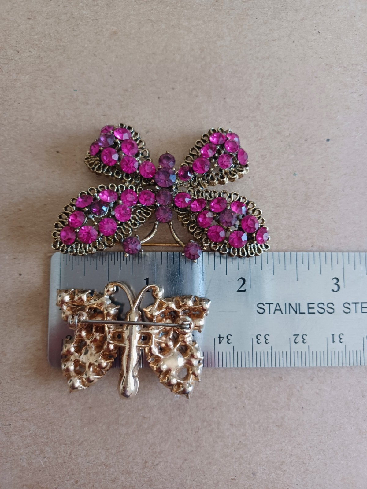 Vintage Lot Of 2 Rhinestone Butterfly Pins Brooches Pink Purple And Blue Milky