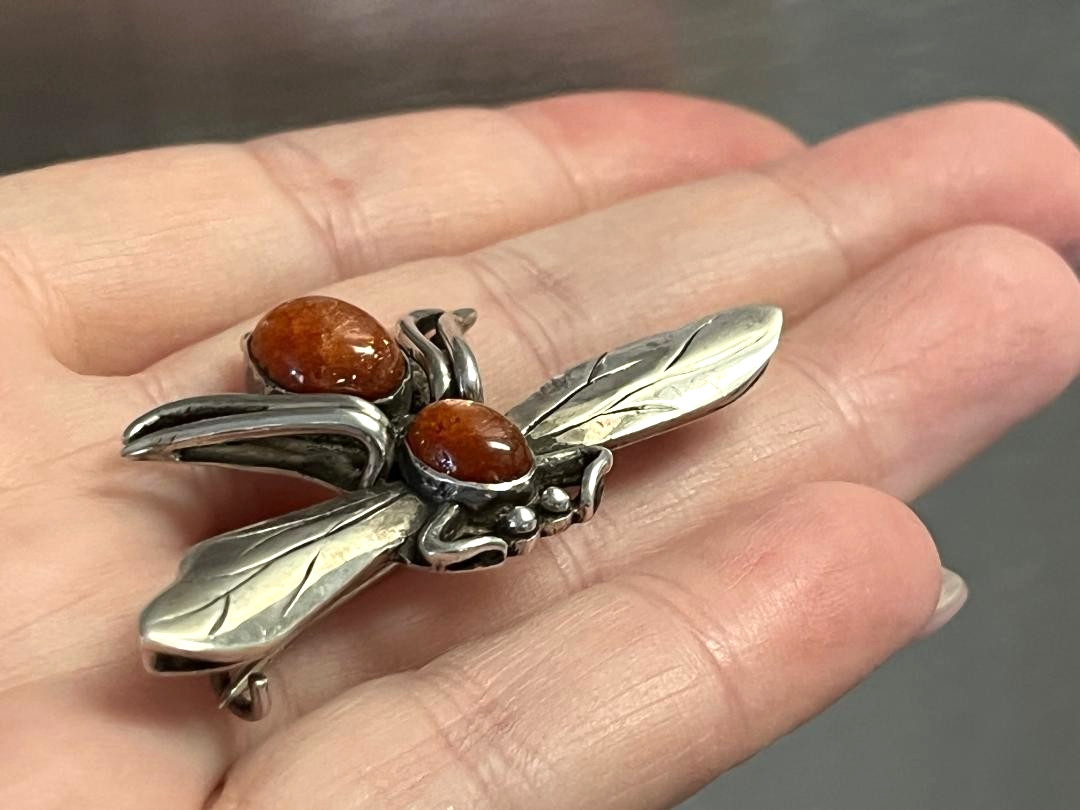 Vintage 925 Sterling Silver Orange Sunstone Fly Bug Insect Brooch Pin Figural 3D
