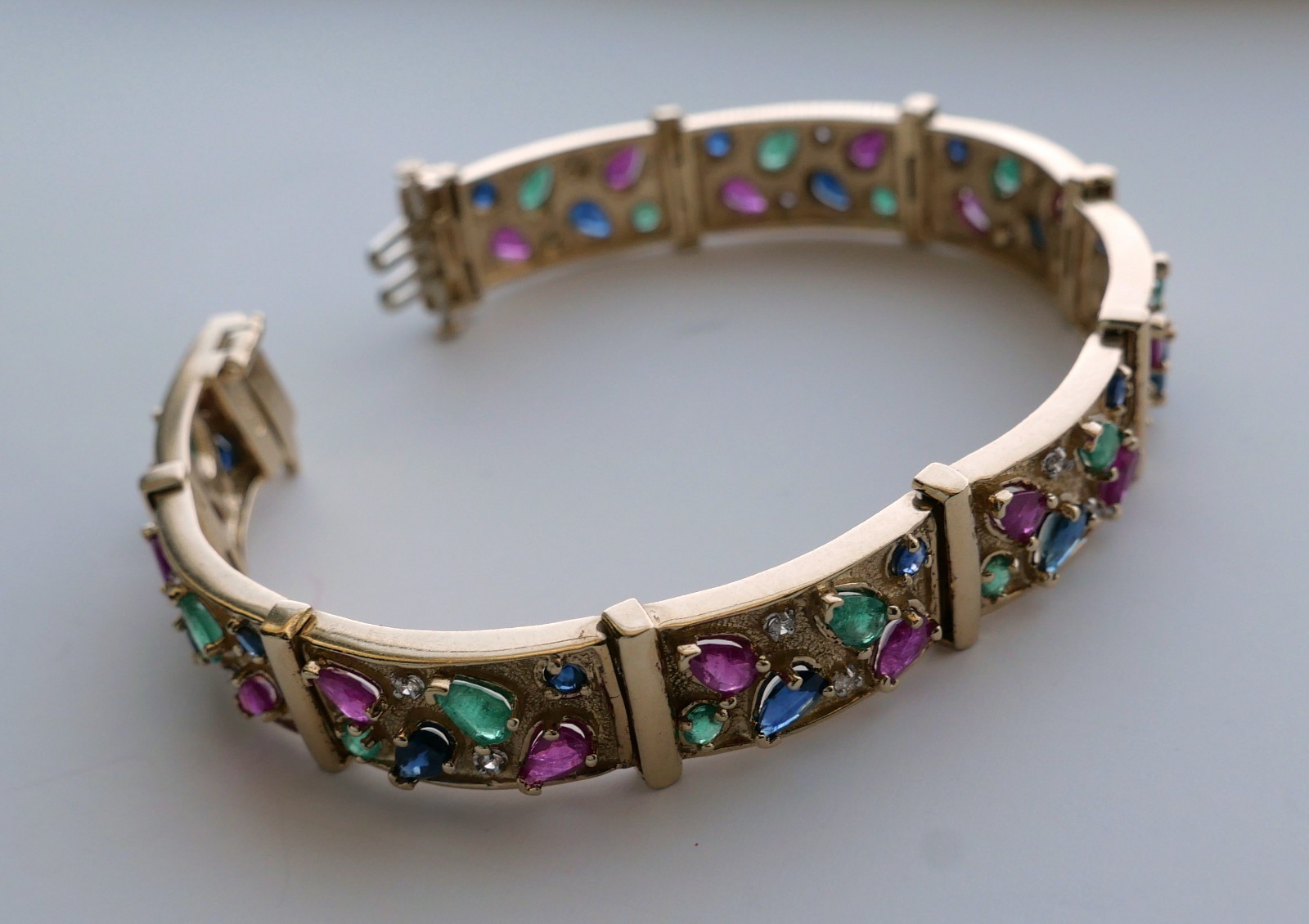 Vintage 14K Yellow Gold Ruby Emerald Sapphire Diamond Link Bracelet 7.25”